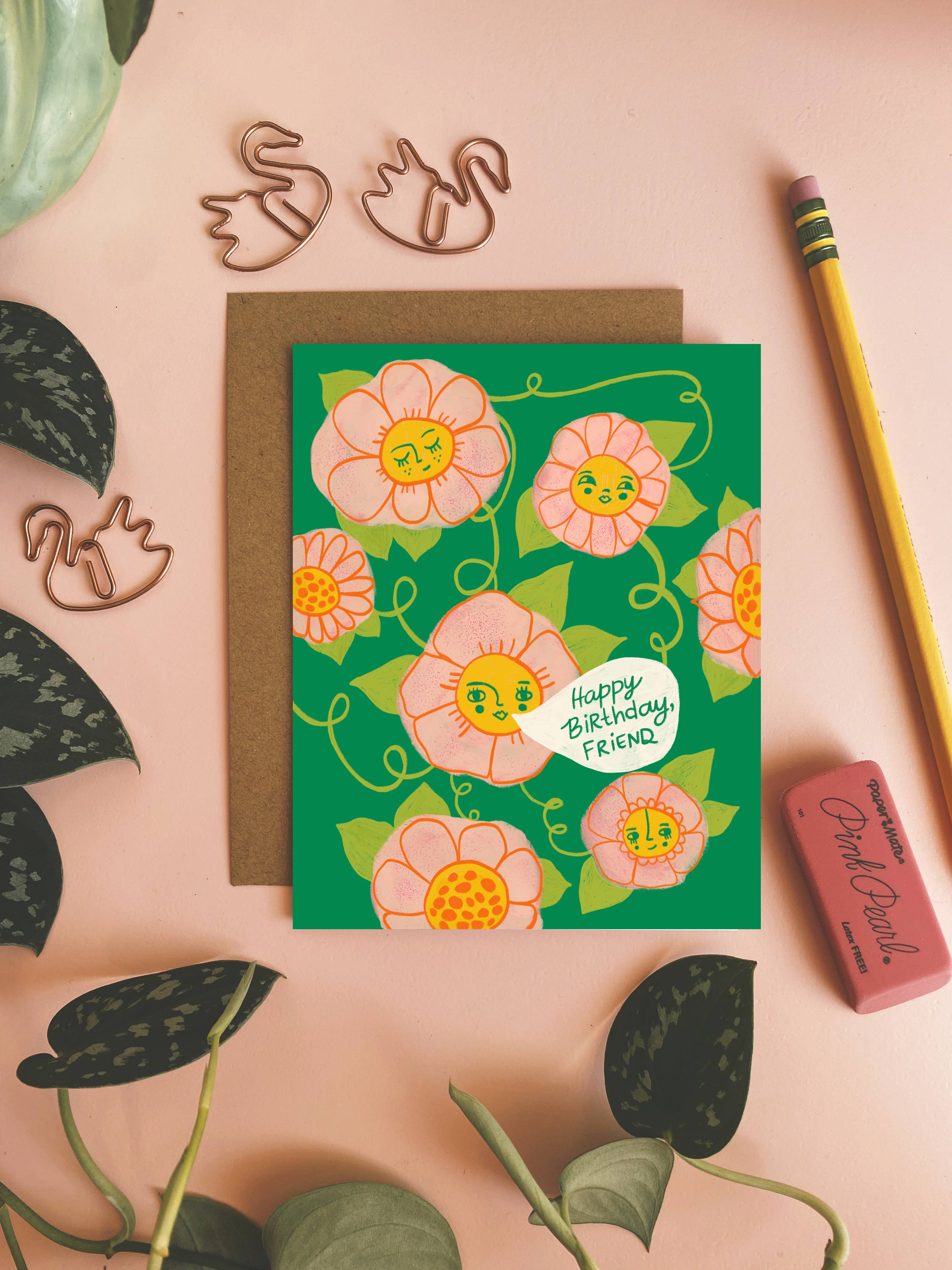 Happy Birthday, Friend - Cute Greeting Card with Flowers - Image 1