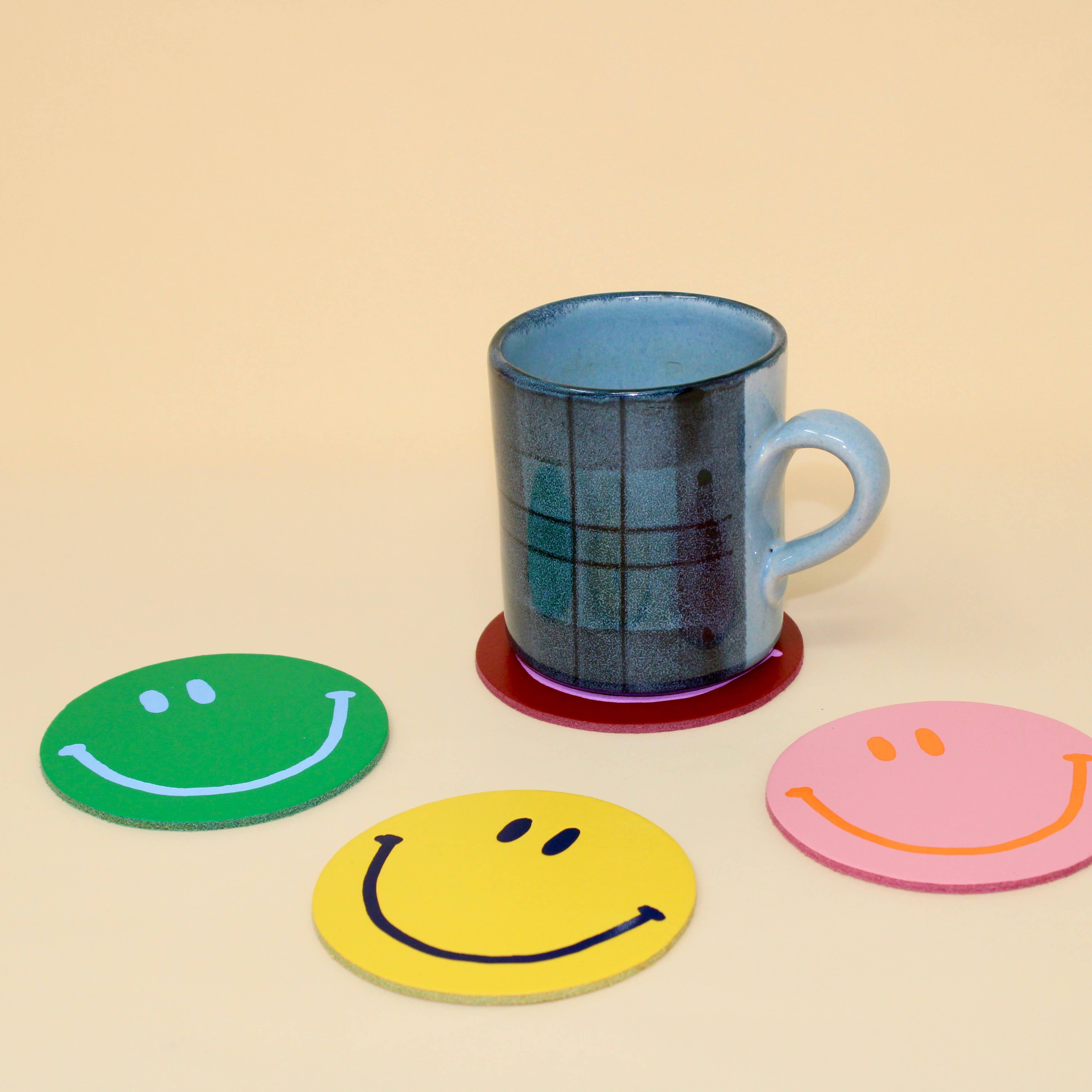 Happy Face Smilie Leather Coasters - Set of 4 - Image 1
