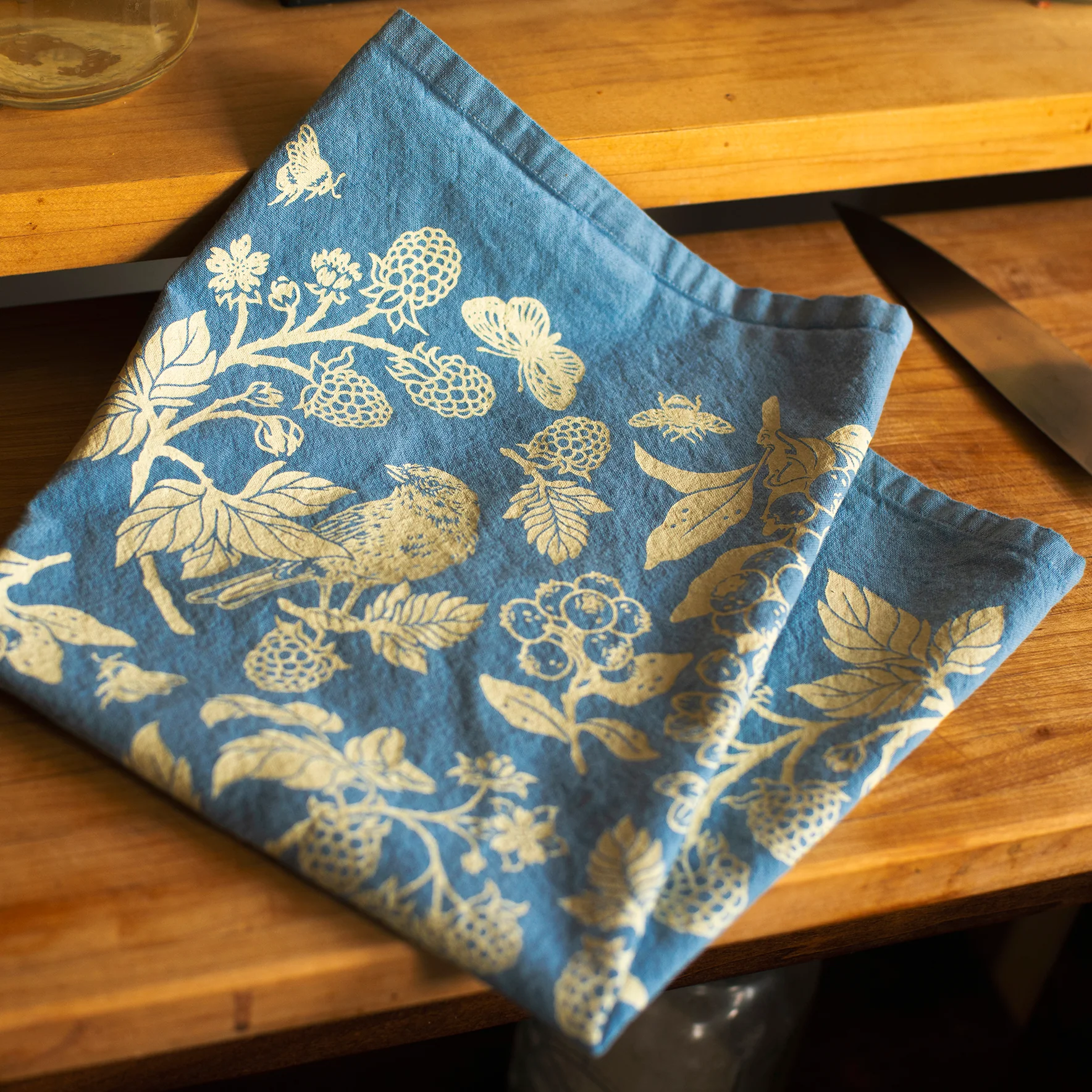 Hand Dyed + Screenprinted Organic Cotton Tea Towel: Berries - Image 1