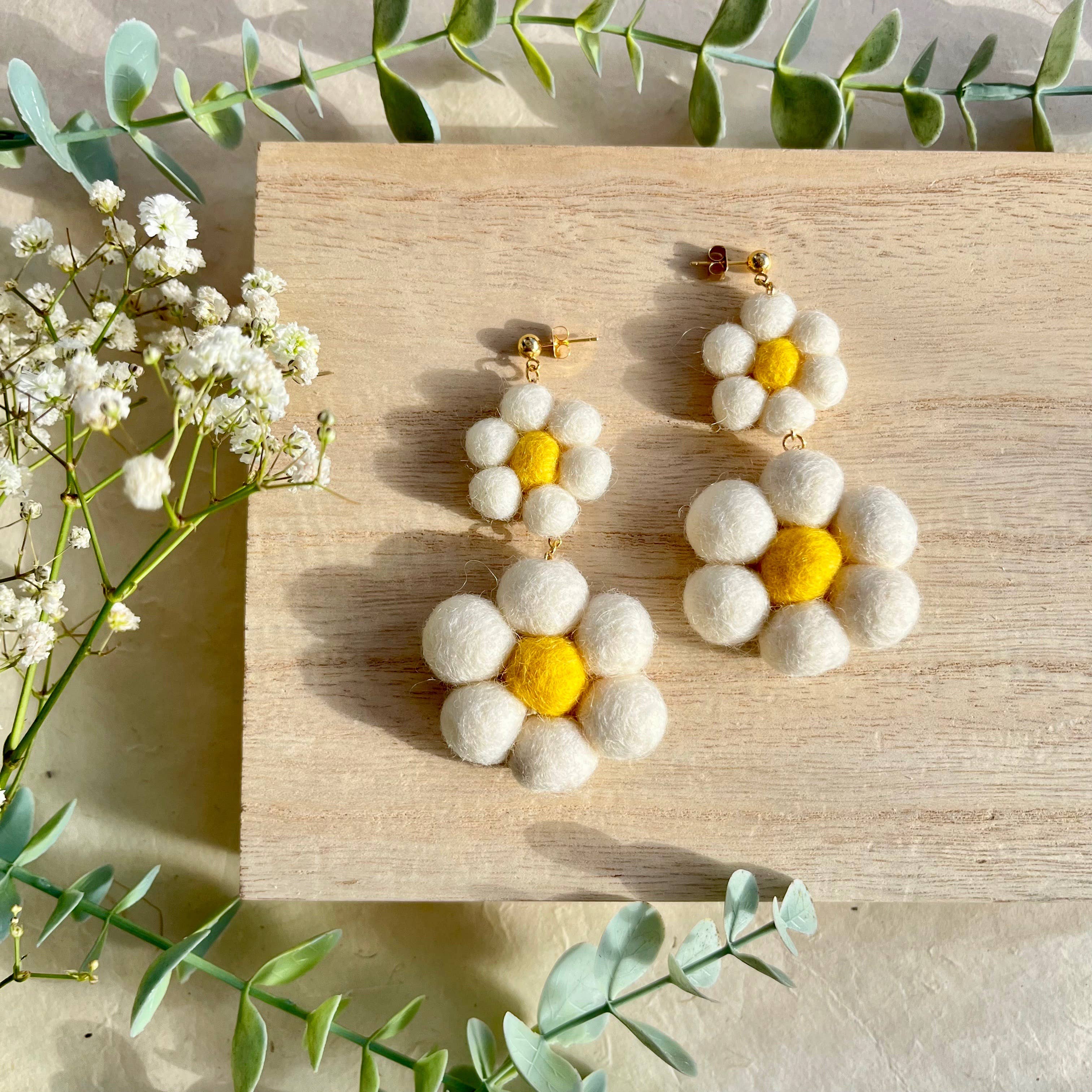 Daisy Dangle Felted Earrings - Image 1