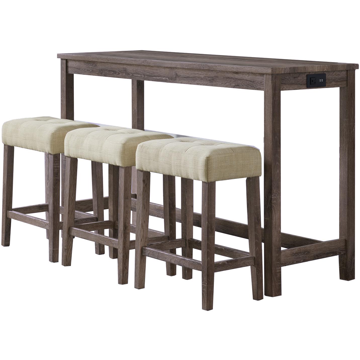 Elements International Oak Lawn Grey Bar Table Single Pack (Table + 3 Tan Fabric Stools)