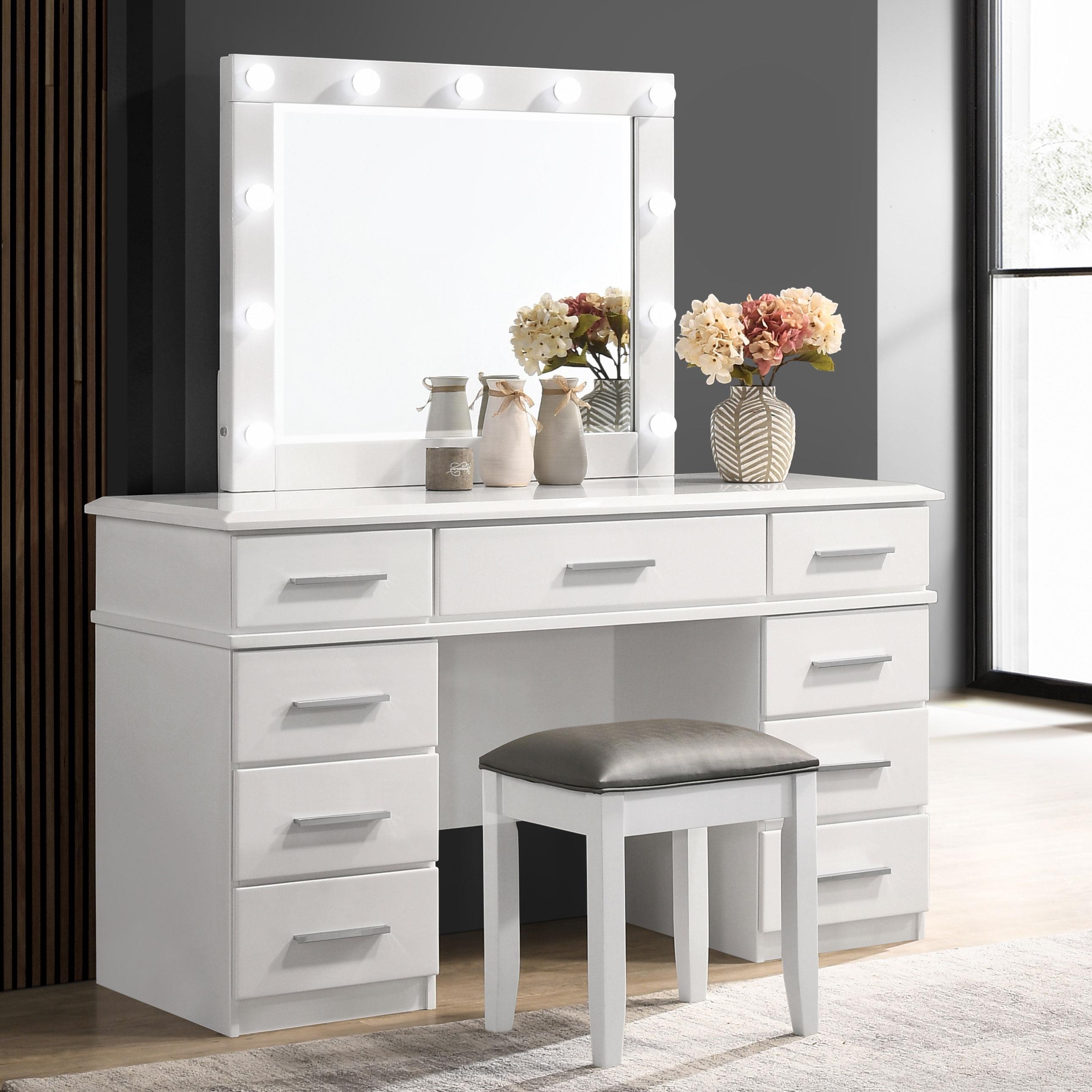 Coaster Furniture Felicity 203507 9-Drawer Vanity Table Lighted Mirror - Glossy White - Image 3