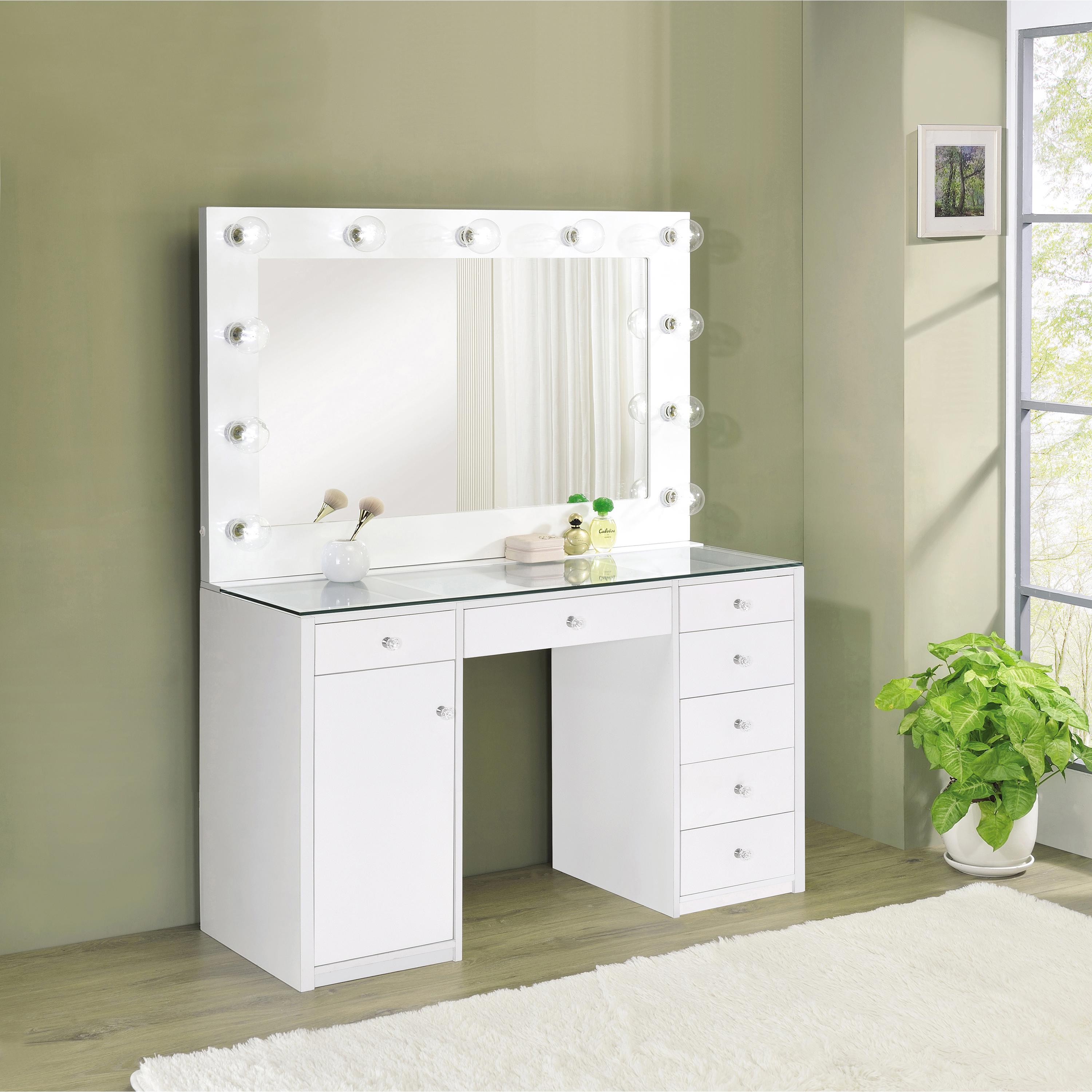 Coaster Furniture Acena 931143 7-Drawer Vanity Set with Lighting - White High Gloss - Image 2