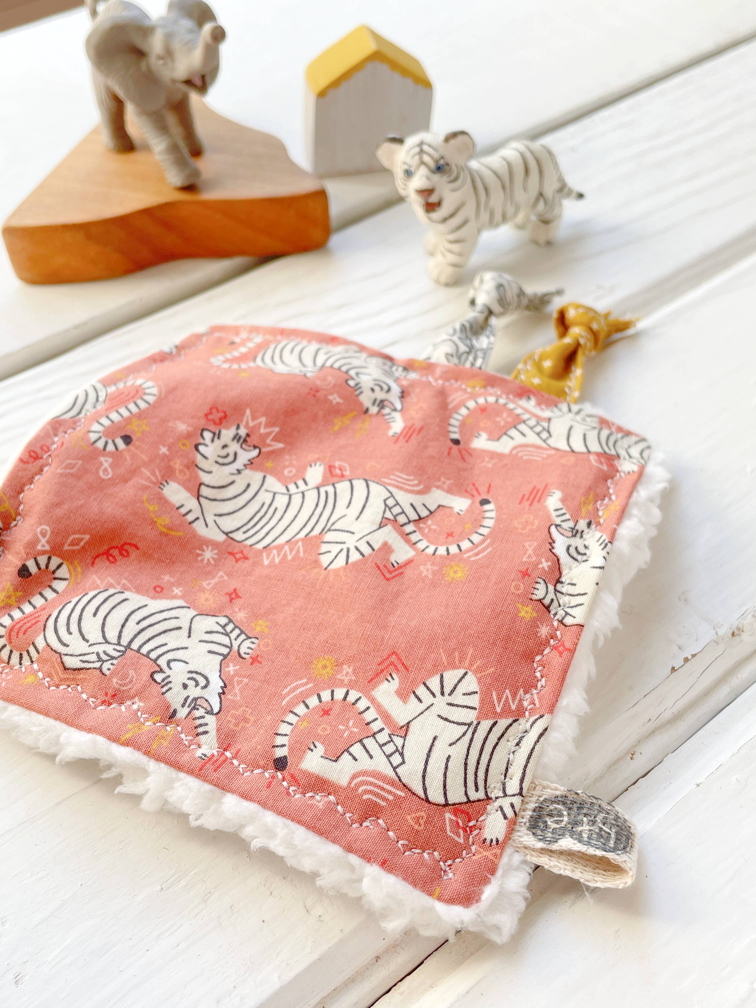 Tiger Crinkle Toy, Fabric Ribbon Taggies, Wood Teething Ring - Image 2