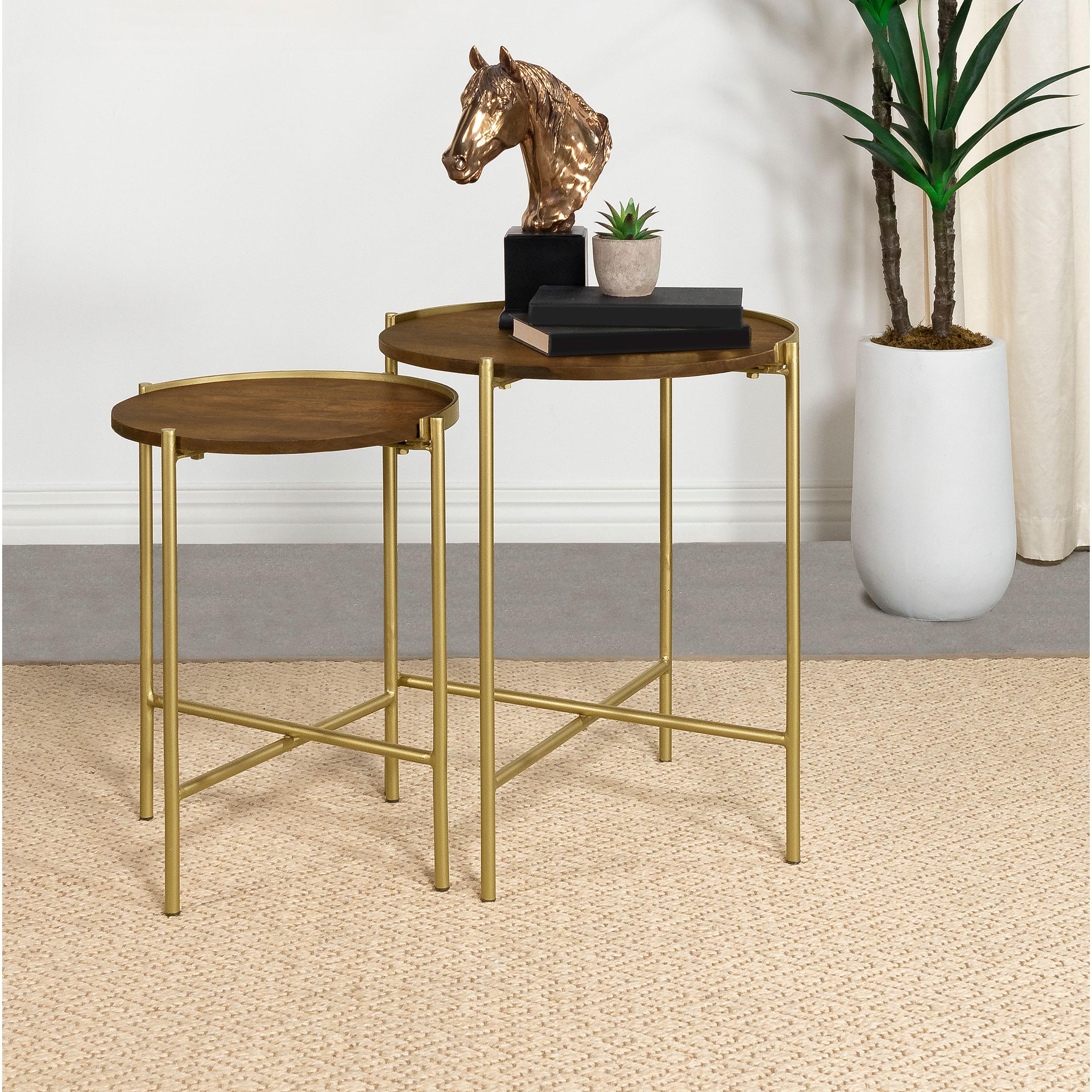Coaster Furniture Malka 936168 2-piece Round Wood Nesting Table - Dark Brown and Gold - Image 2