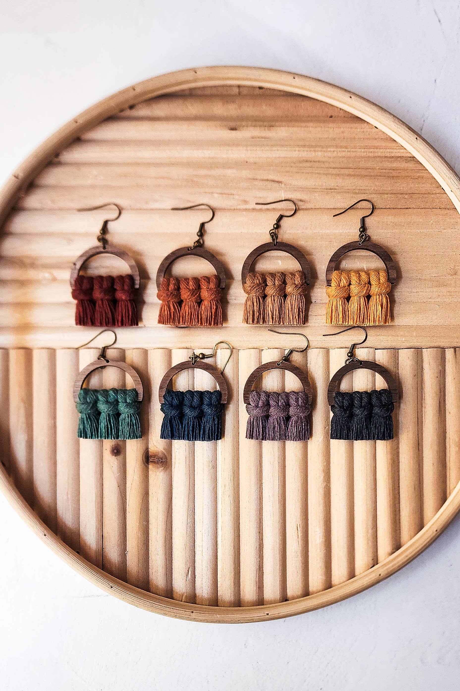Macrame Fringe Earrings Semi Circle Fall Colors: Citrus - Image 2