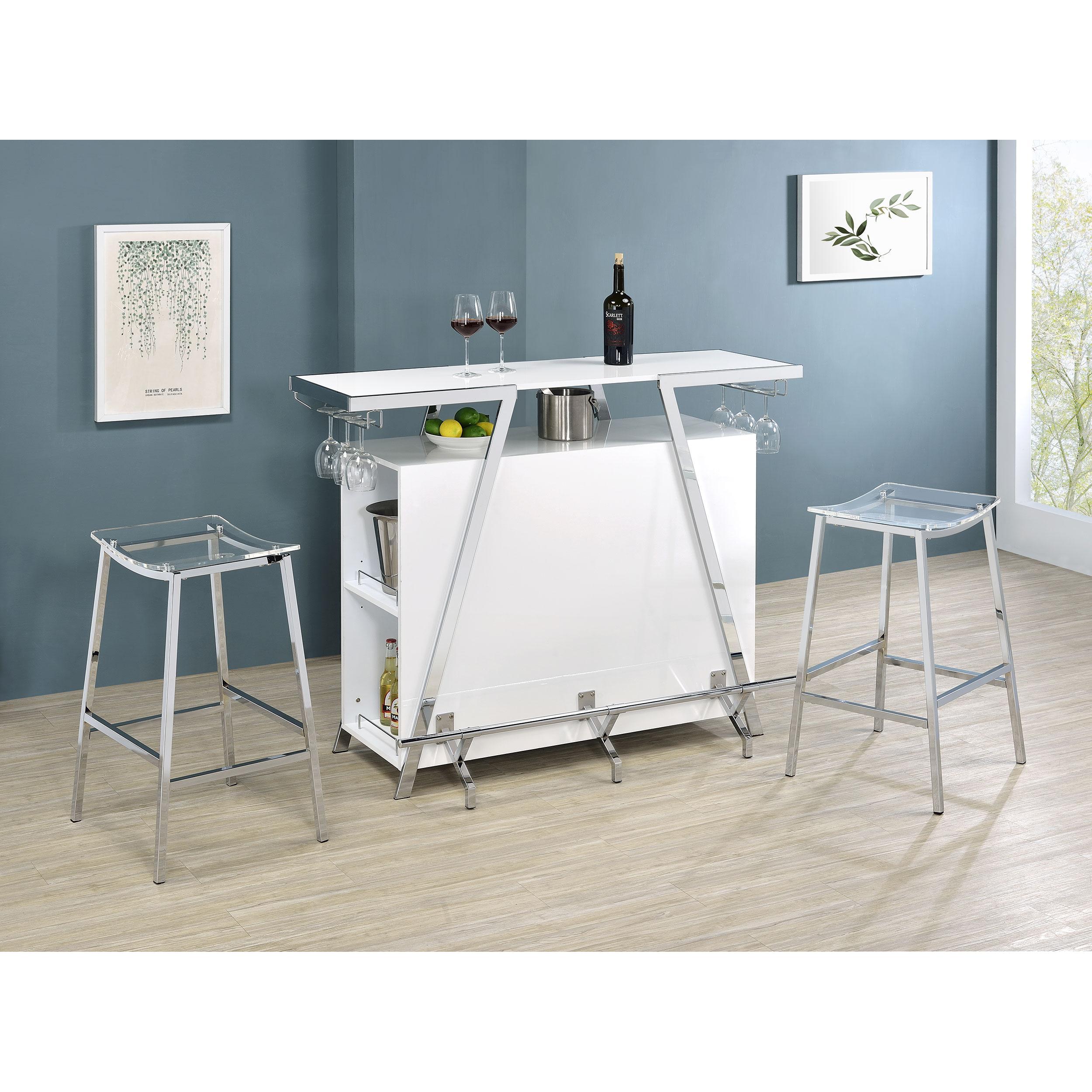 Coaster Furniture Araceli Home Bar Wine Cabinet with 2 Stool - White High Gloss/Chrome - Image 1