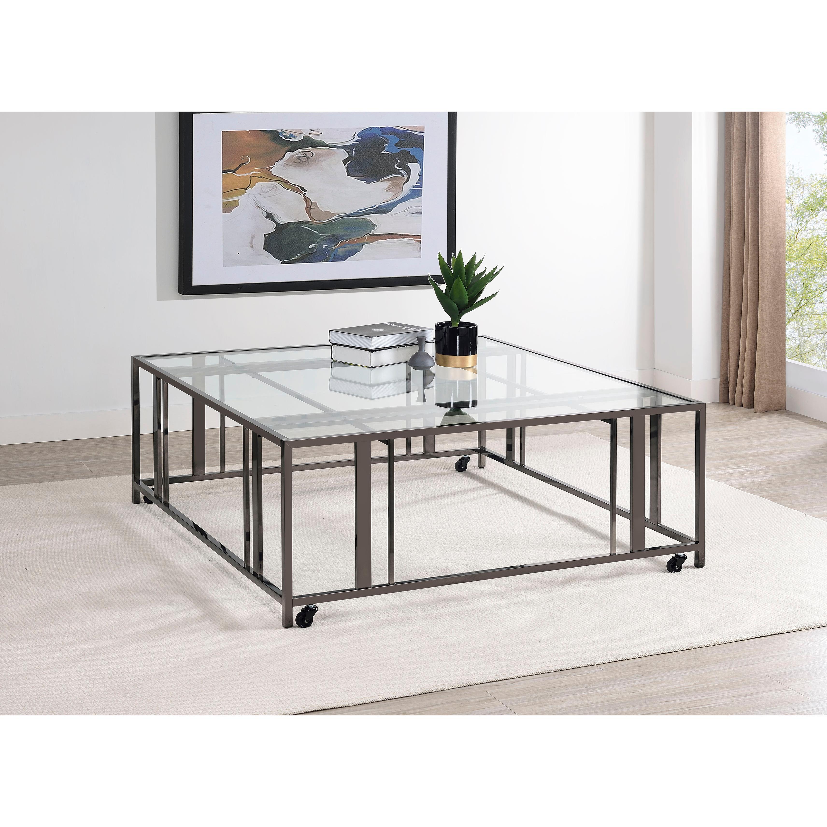 Coaster Furniture Adri 710178 Square Glass Top Coffee Table with Casters - Black Nickel - Image 2