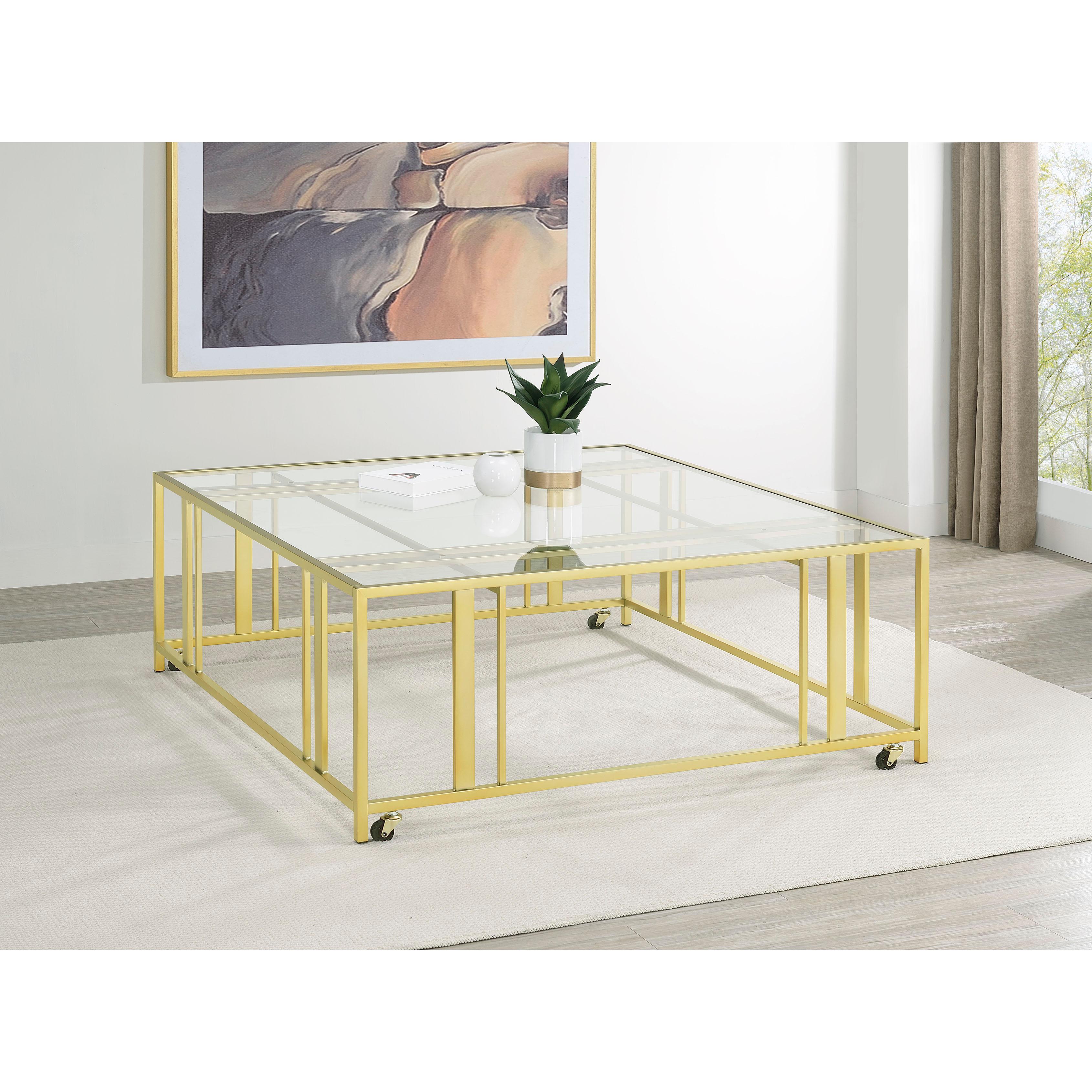 Coaster Furniture Adri 710188 Square Glass Top Coffee Table with Casters - Matte Brass - Image 2