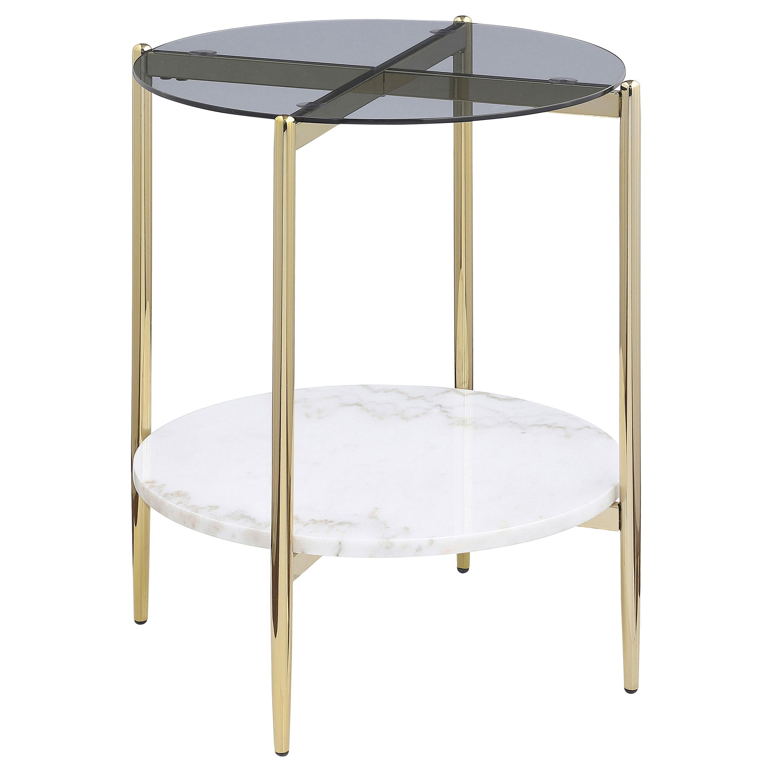 Coaster Furniture Jonelle 710337 Round Glass Top End Table - White Marble Shelf Gold - Image 1