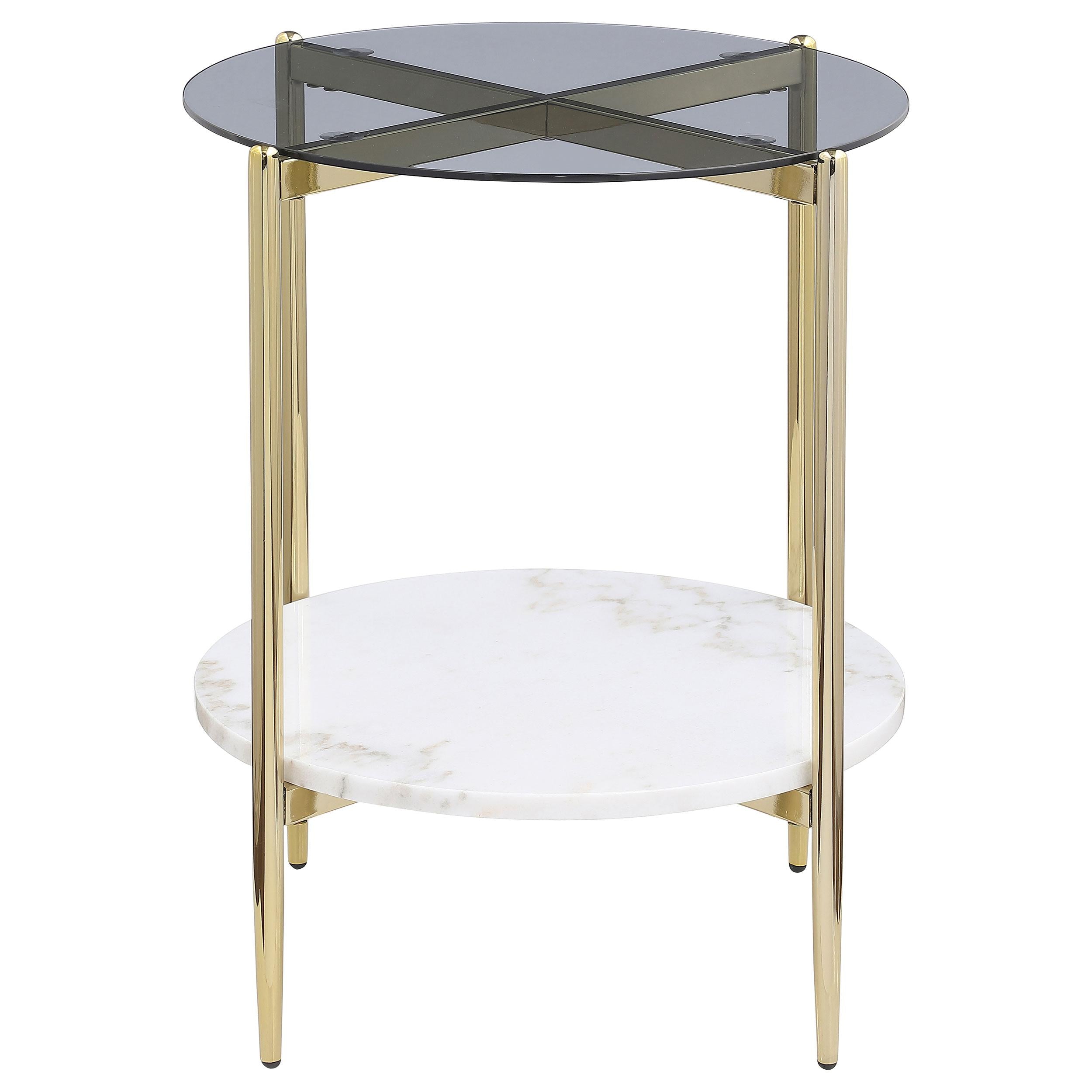 Coaster Furniture Jonelle 710337 Round Glass Top End Table - White Marble Shelf Gold - Image 3