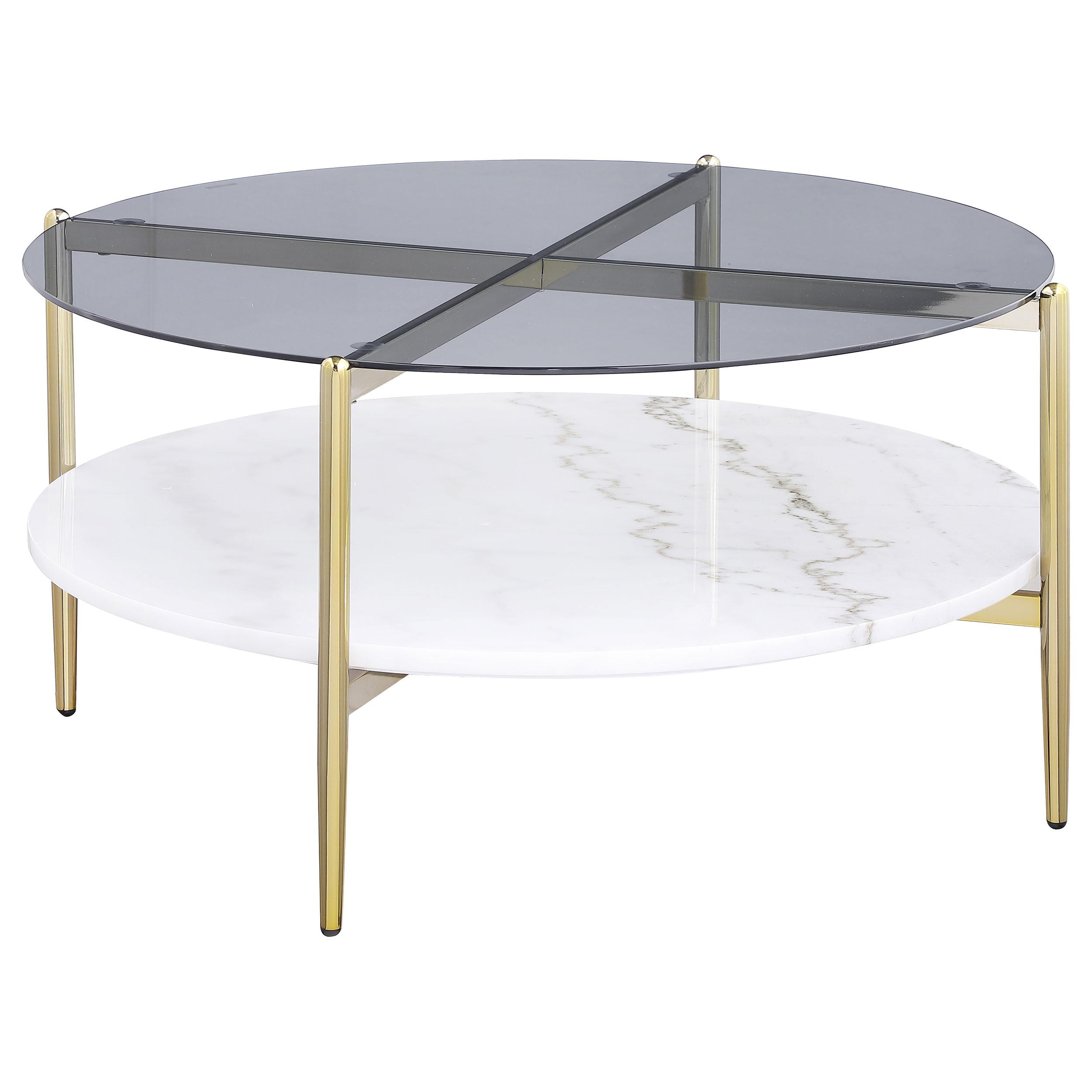 Coaster Furniture Jonelle 710338 Round Glass Top Coffee Table - White Marble Shelf Gold - Image 1