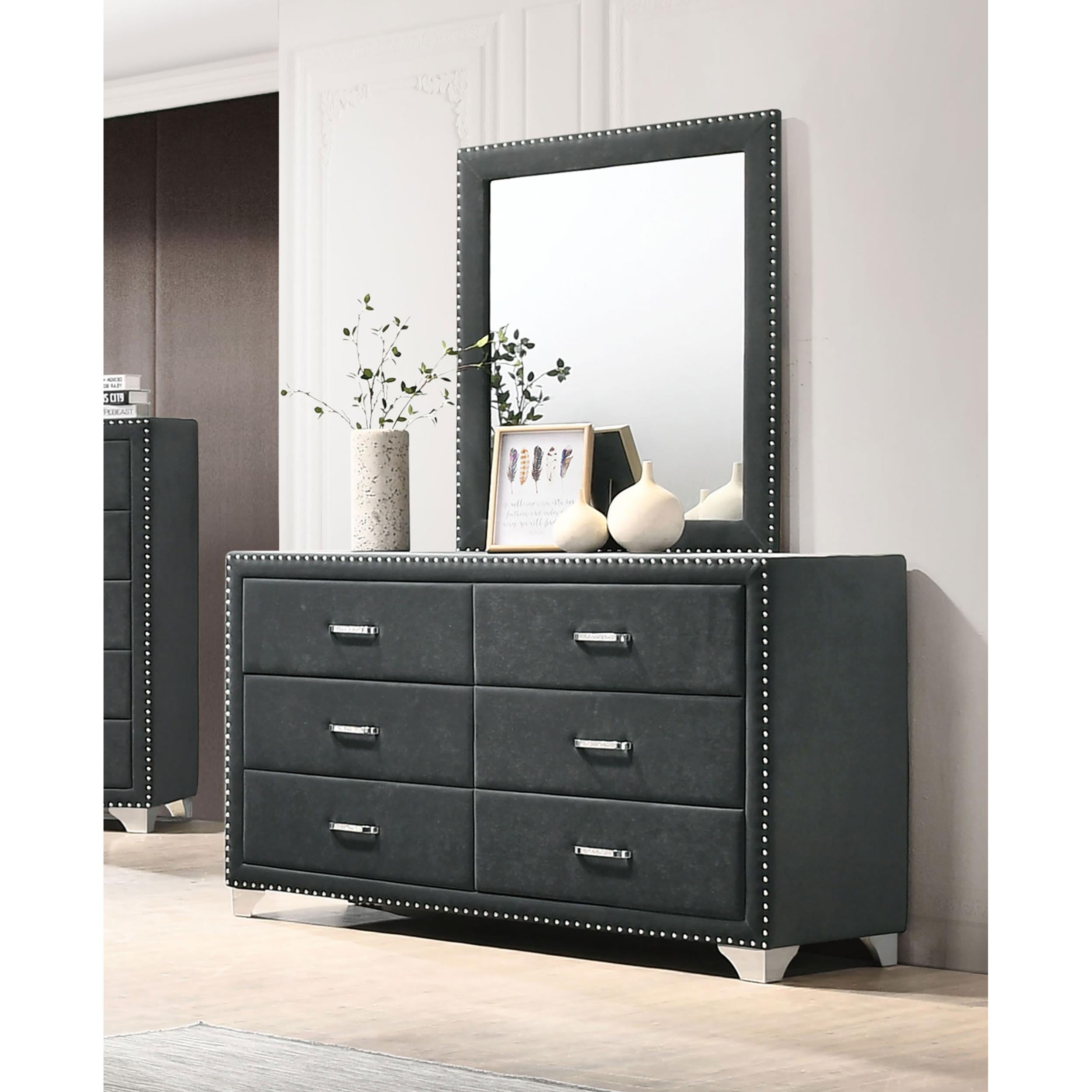 Coaster Furniture Melody 223383M 6-Drawer Upholstered Dresser with Mirror - Grey - Image 2