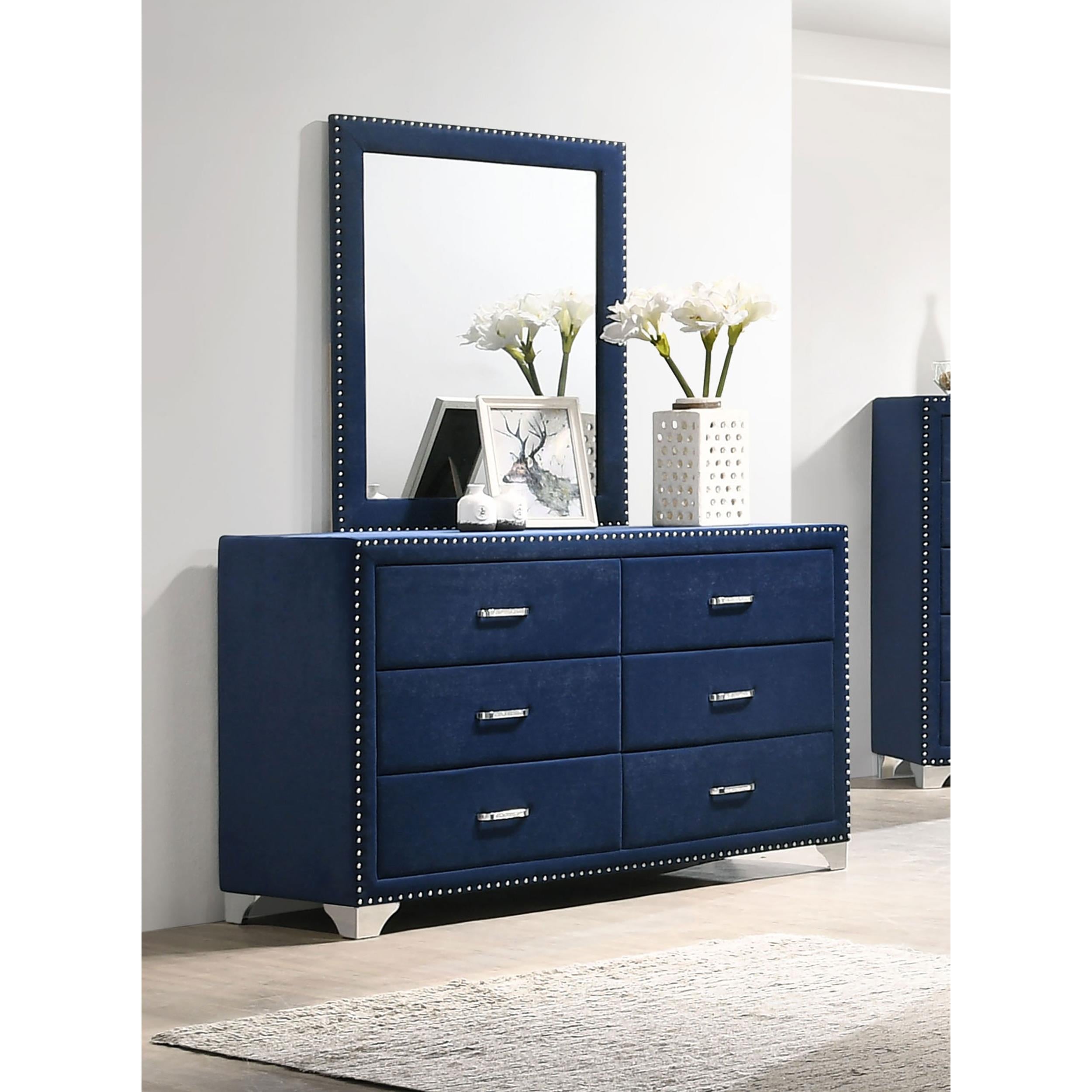 Coaster Furniture Melody 223373M 6-Drawer Upholstered Dresser with Mirror - Pacific Blue - Image 2