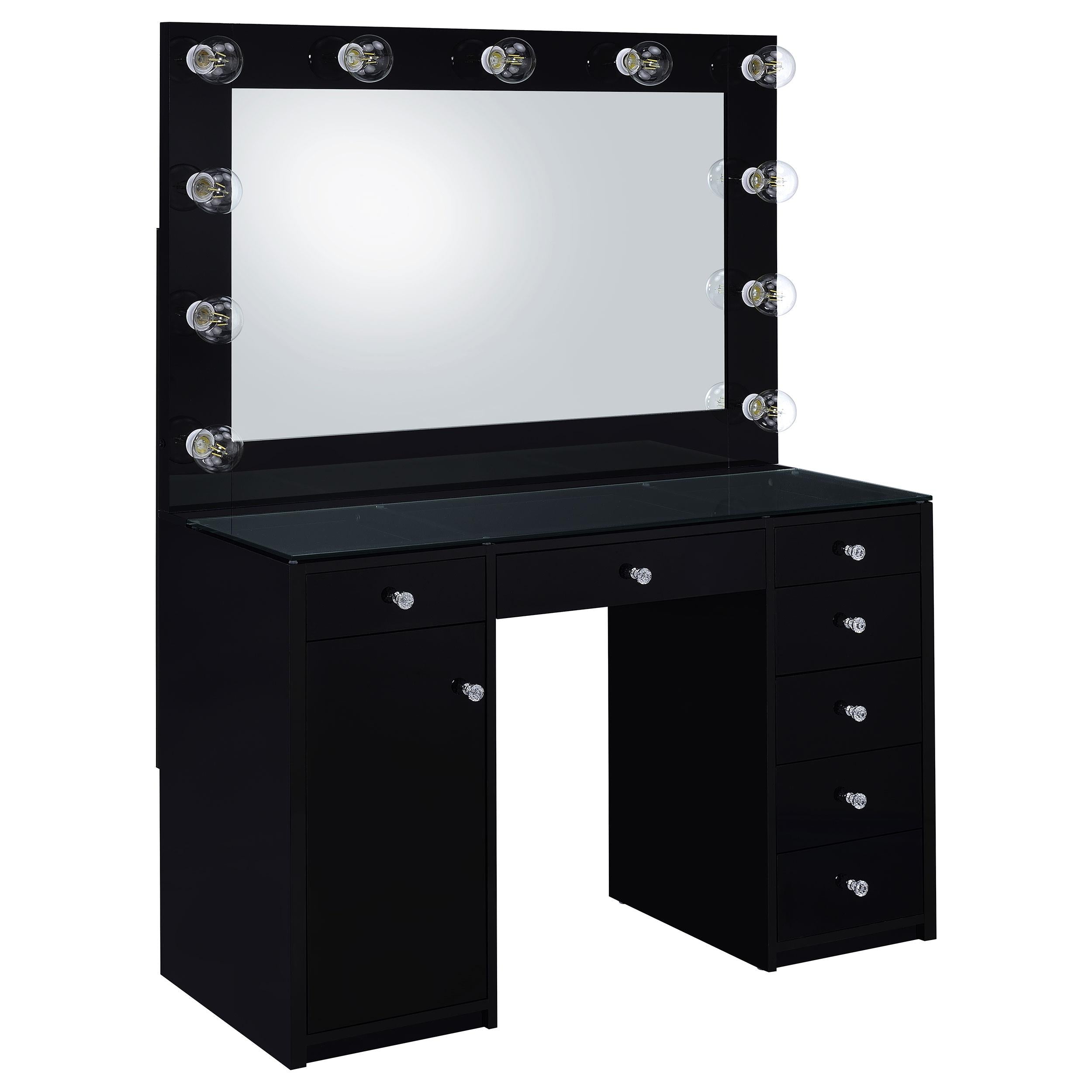 Coaster Furniture Acena 931144 7-Drawer Vanity Set with Lighting – Black High Gloss
