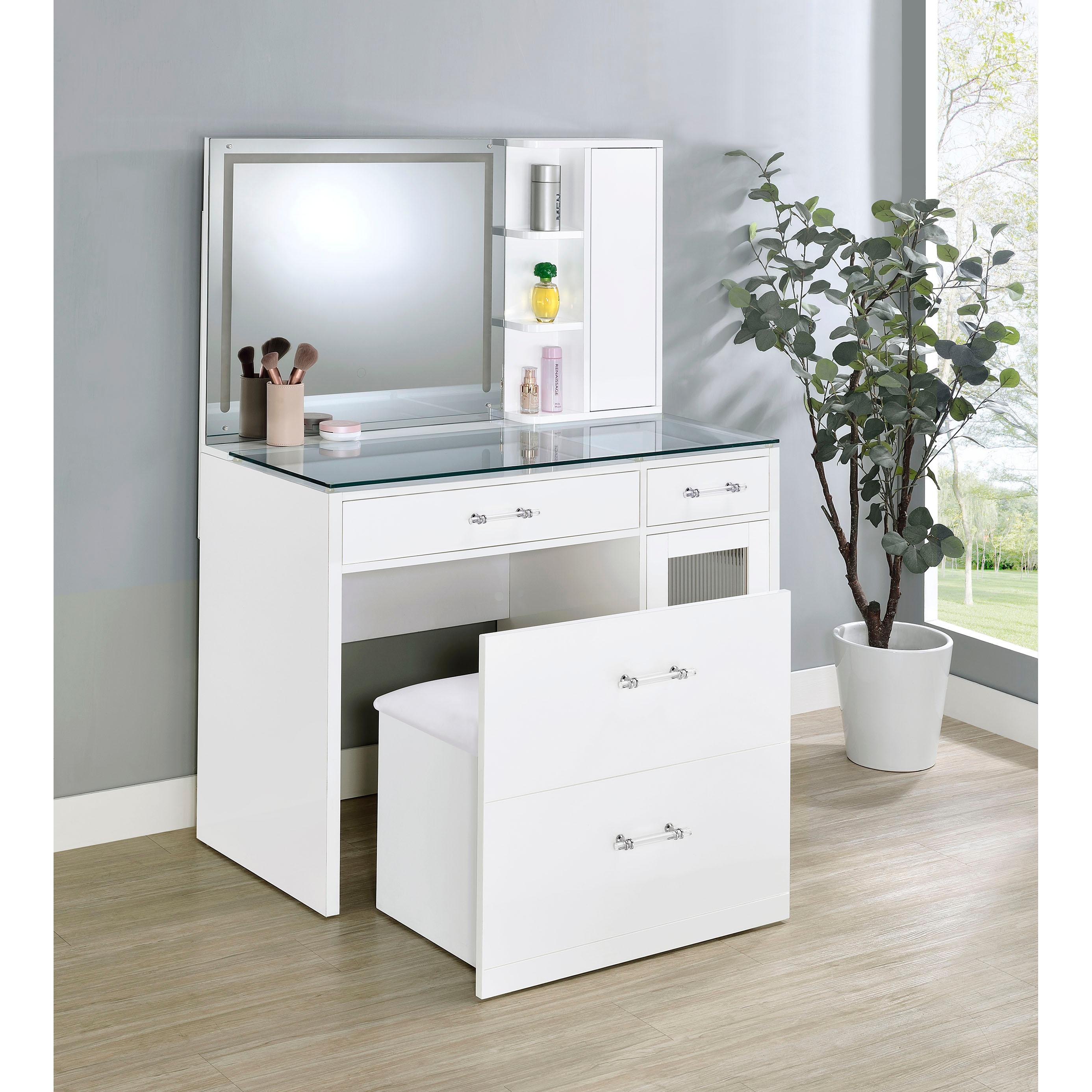 Coaster Furniture Flora 930218 2-drawer Vanity Set with LED Mirror - White High Gloss - Image 3