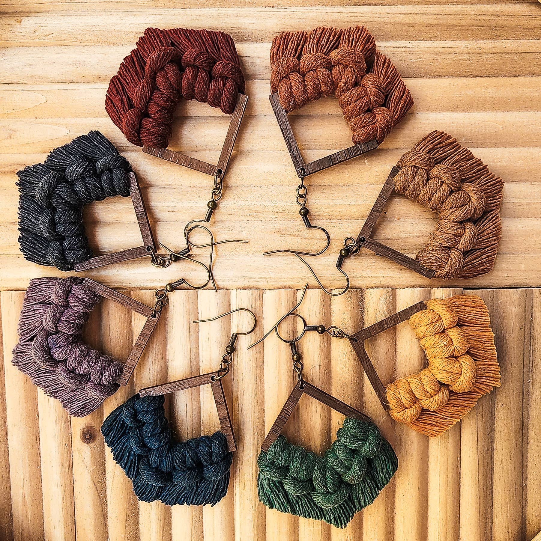 Macrame Fringe Earrings - Diamond - Fall Colors: Caramel - Image 2