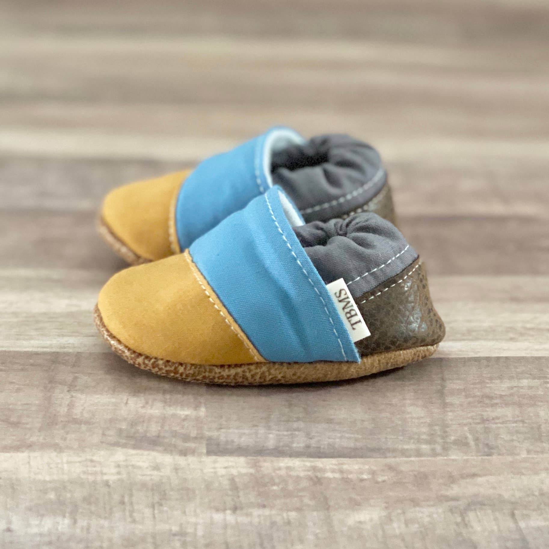 Mustard, Blue, and Gray Angled Moccasins - Image 1