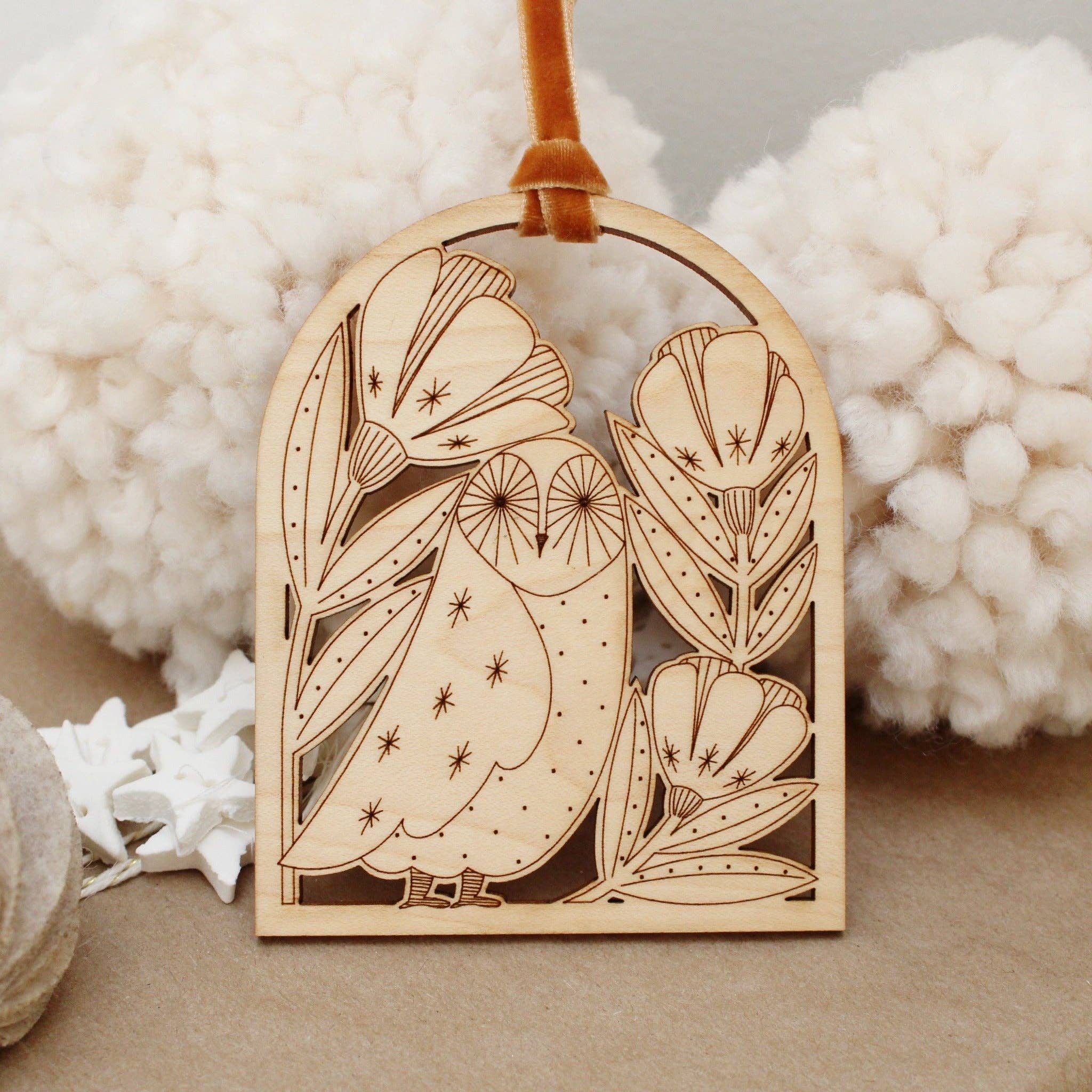 Wooden arch owl christmas holiday ornaments - Image 1