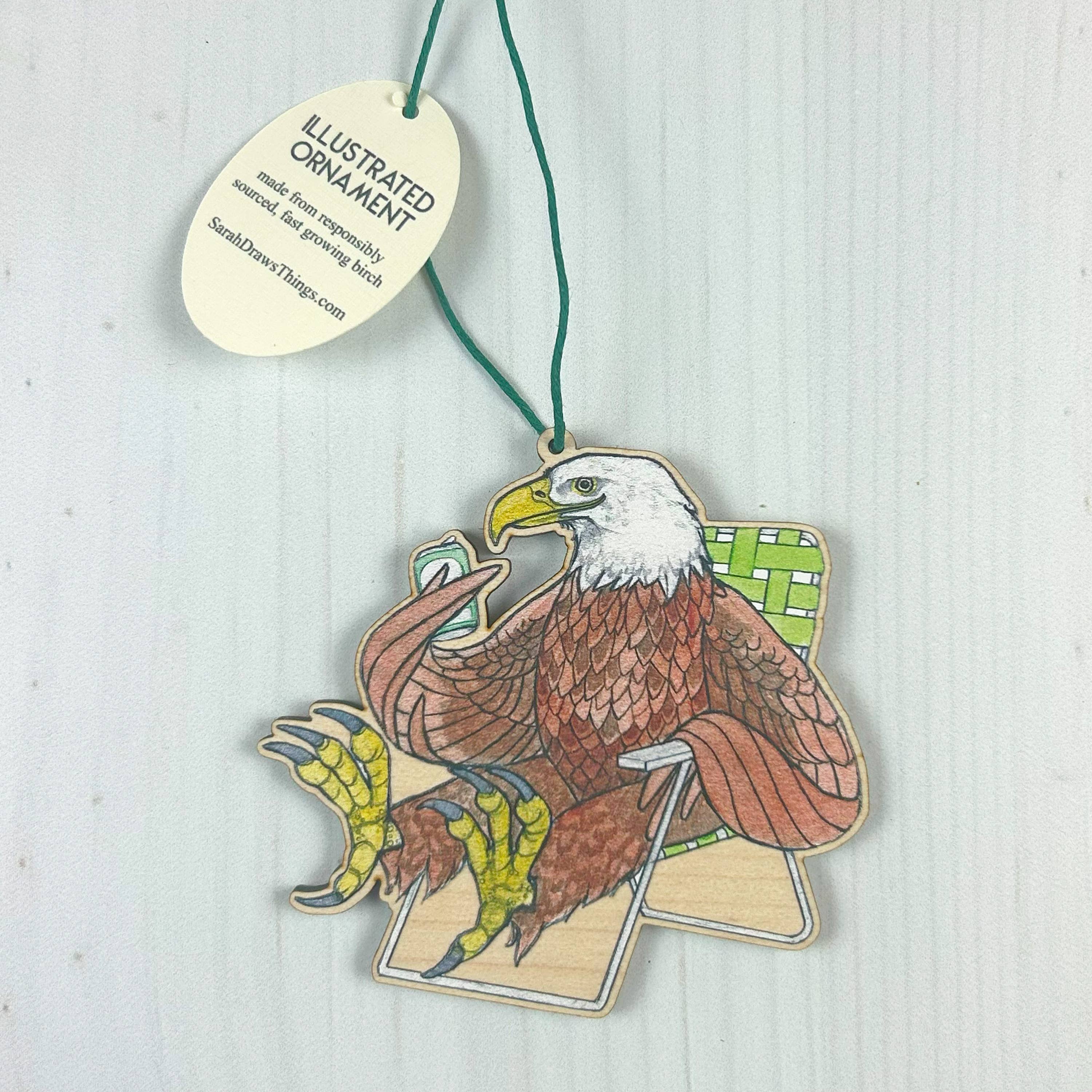 Bald Eagle Tailgate - 3.5" illustrated wooden tree ornament - Image 1