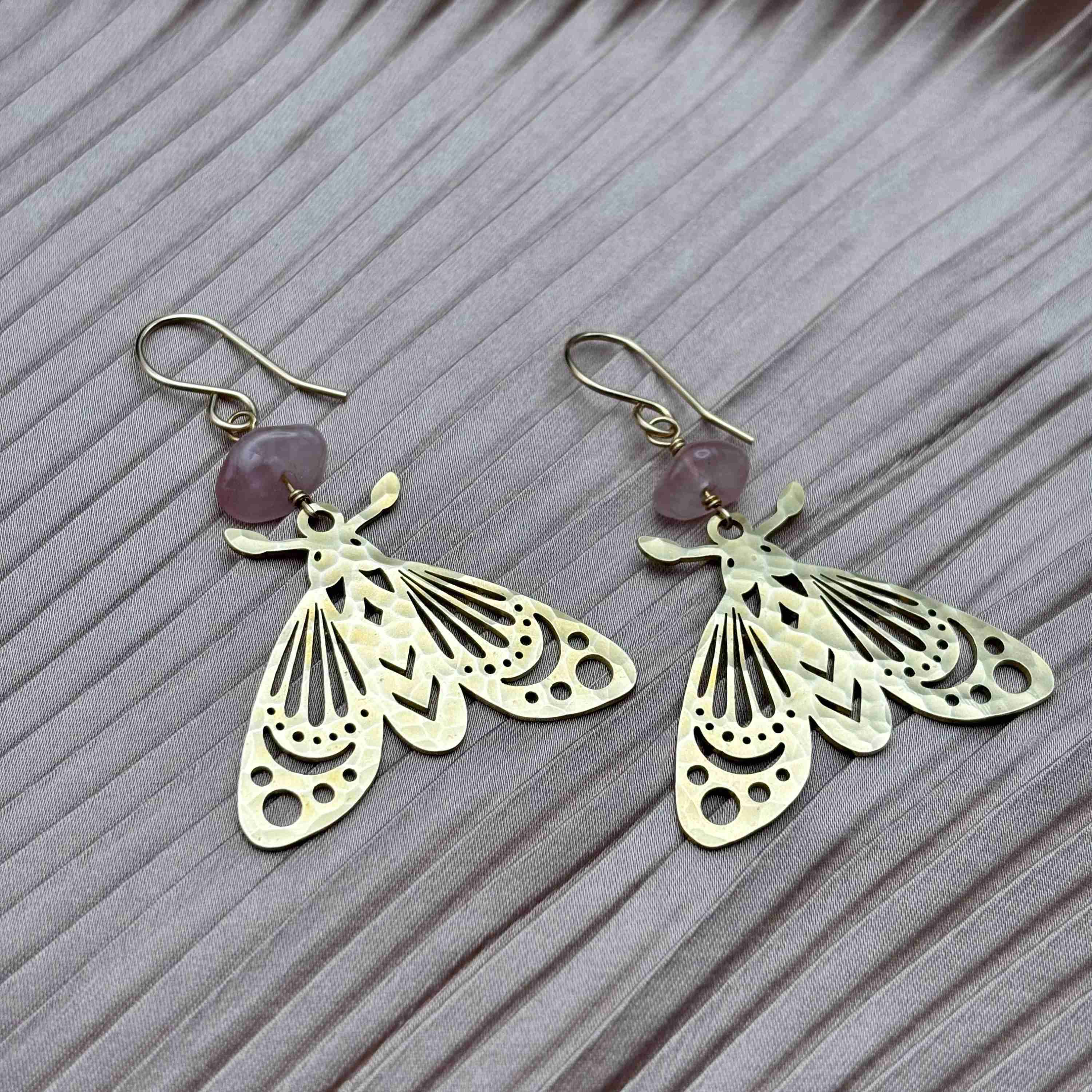 Handmade Anahata Earrings | Moth | Rose Quartz | Nature - Image 1