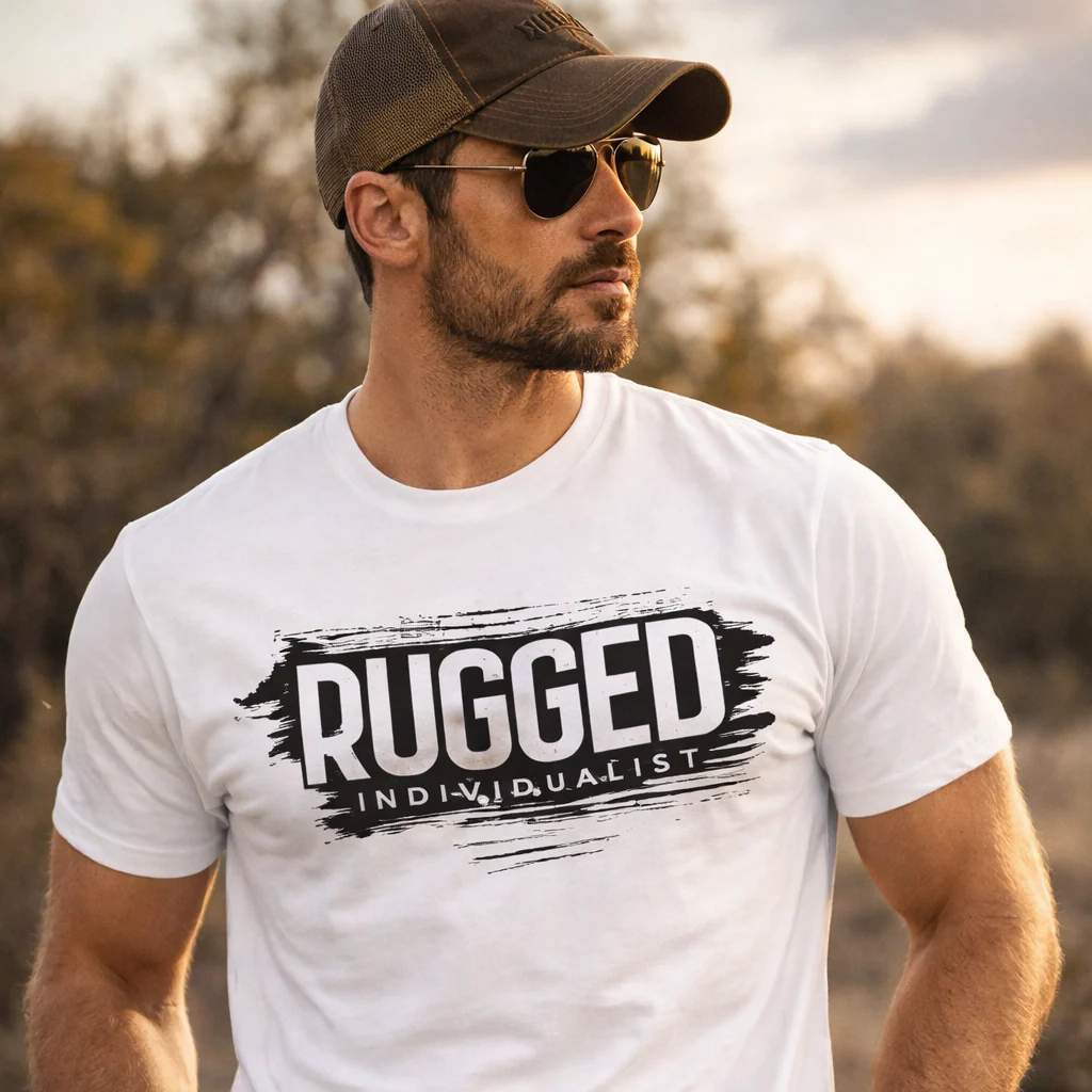T-Shirt - Rugged Individualist Essential Tee – White with Black Print - Image 2