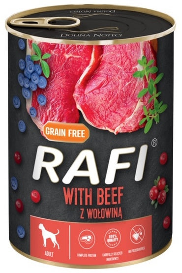 Rafi pies wołowina puszka 400 g – z dodatkiem borówki, żurawiny i tymianku