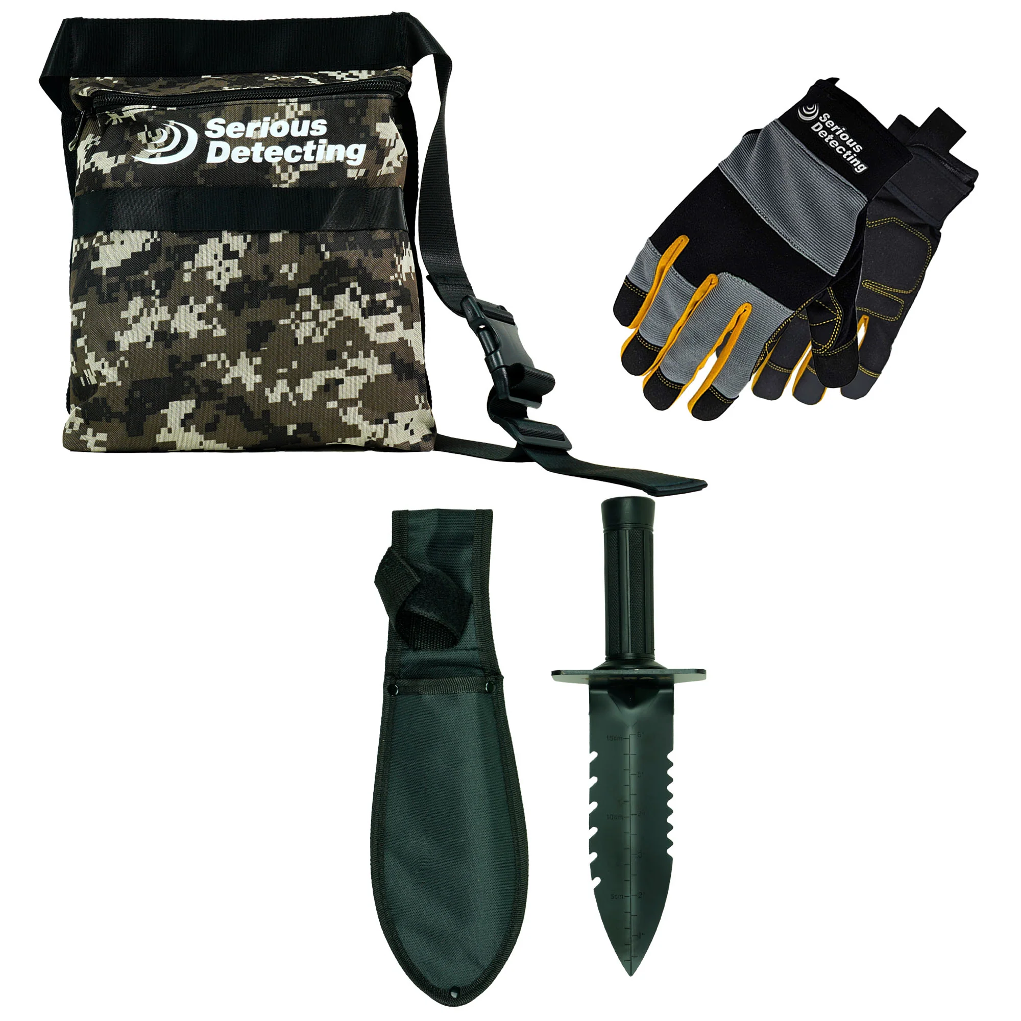 Serious Detecting Camo Bag with 42″ Waist Belt, Digging Tool, and Gloves