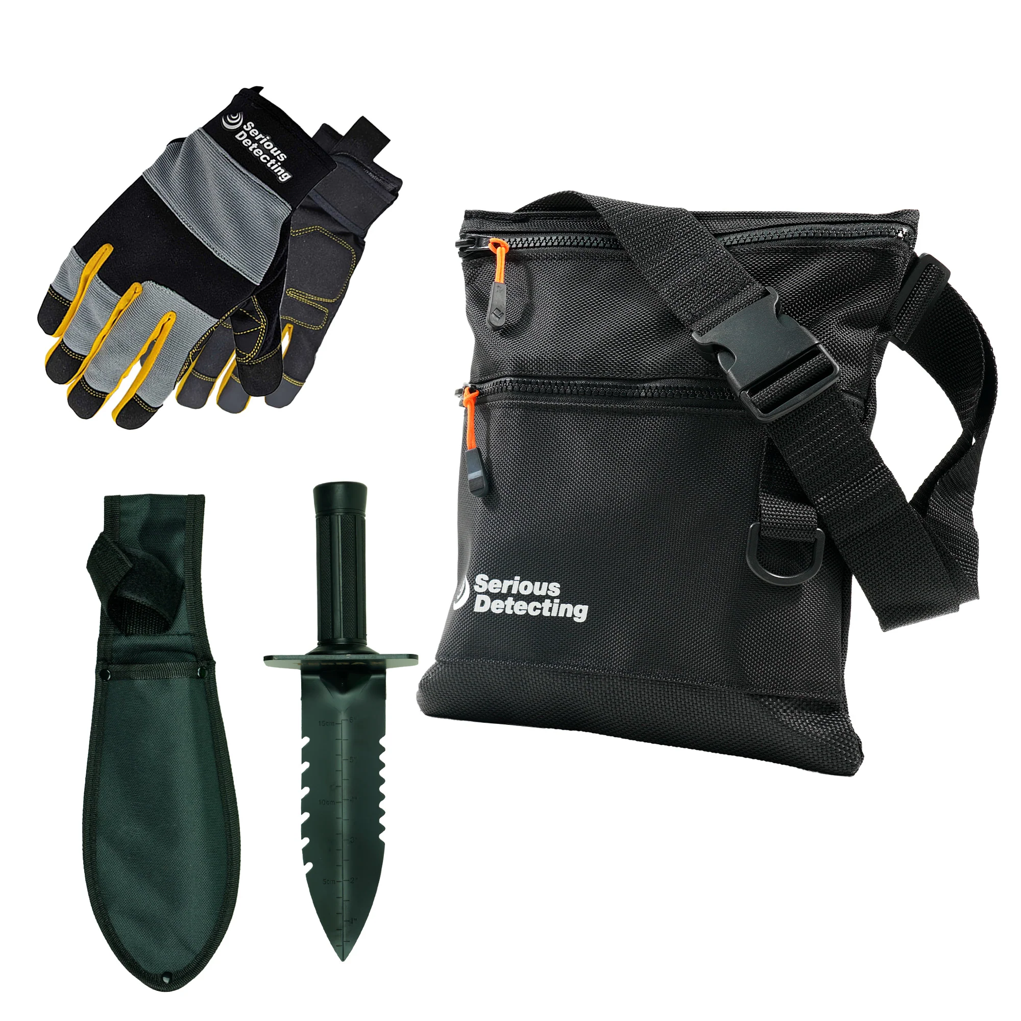 Serious Detecting Recovery Bundle – Mesh Bottom Beach Finds Bag Pouch, Digging Tool, and Gloves