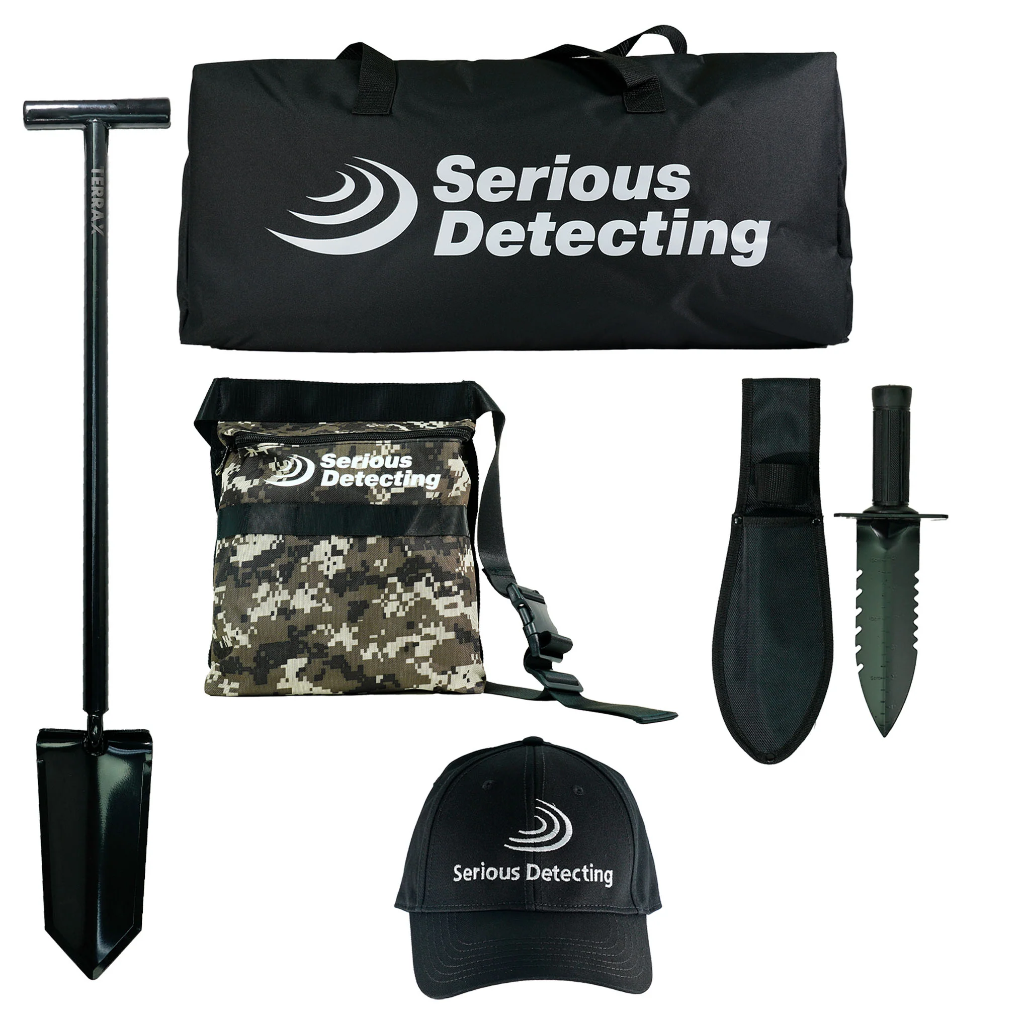 Serious Detecting Kit:  Pouch, Carry bag, Cap, Digger & Shovel for Treasure Hunting