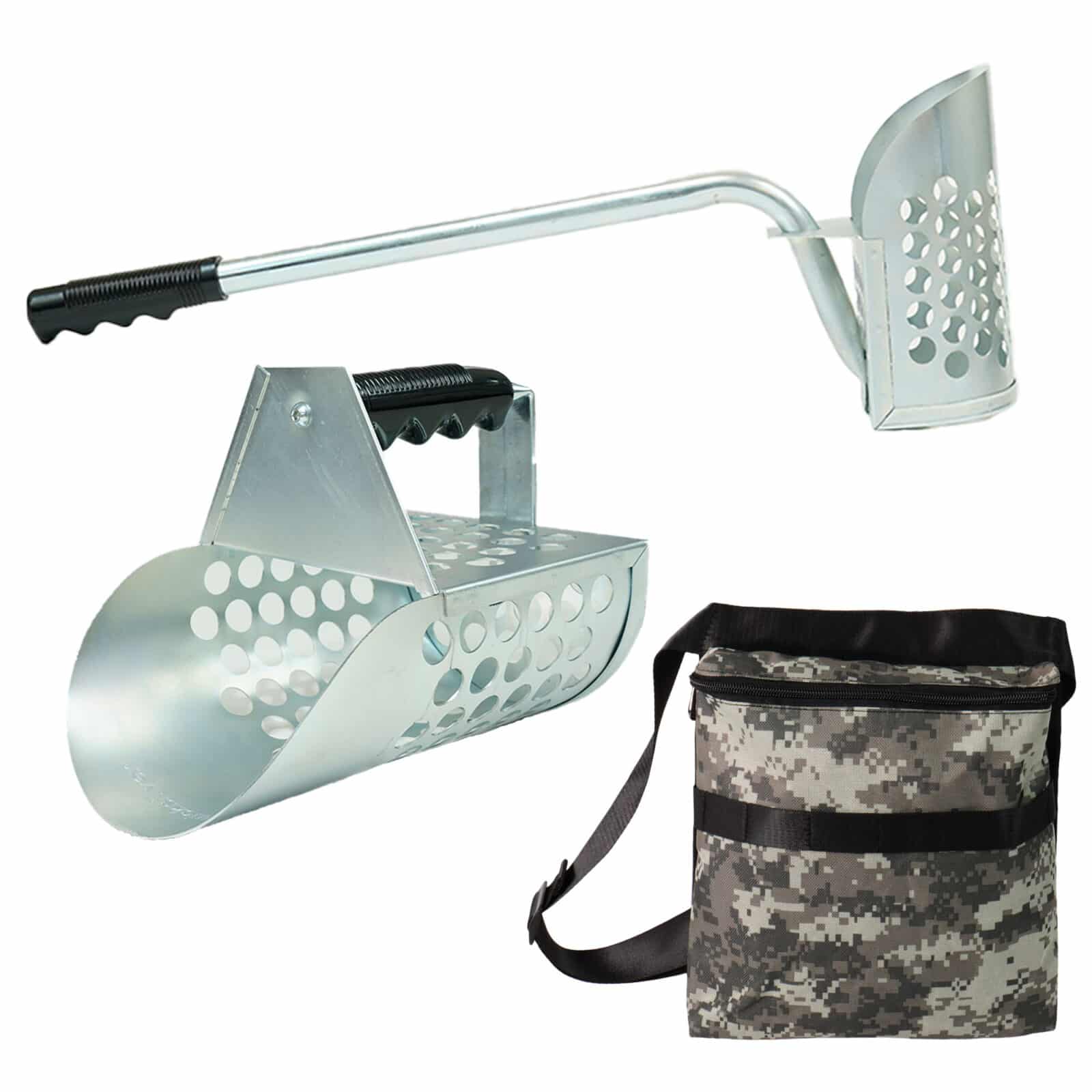 Dune Scoops Galvanized Metal Long Handle Sand Scoop, Heavy Duty Large Scoop and Finds Pouch for Metal Detecting - Image 1