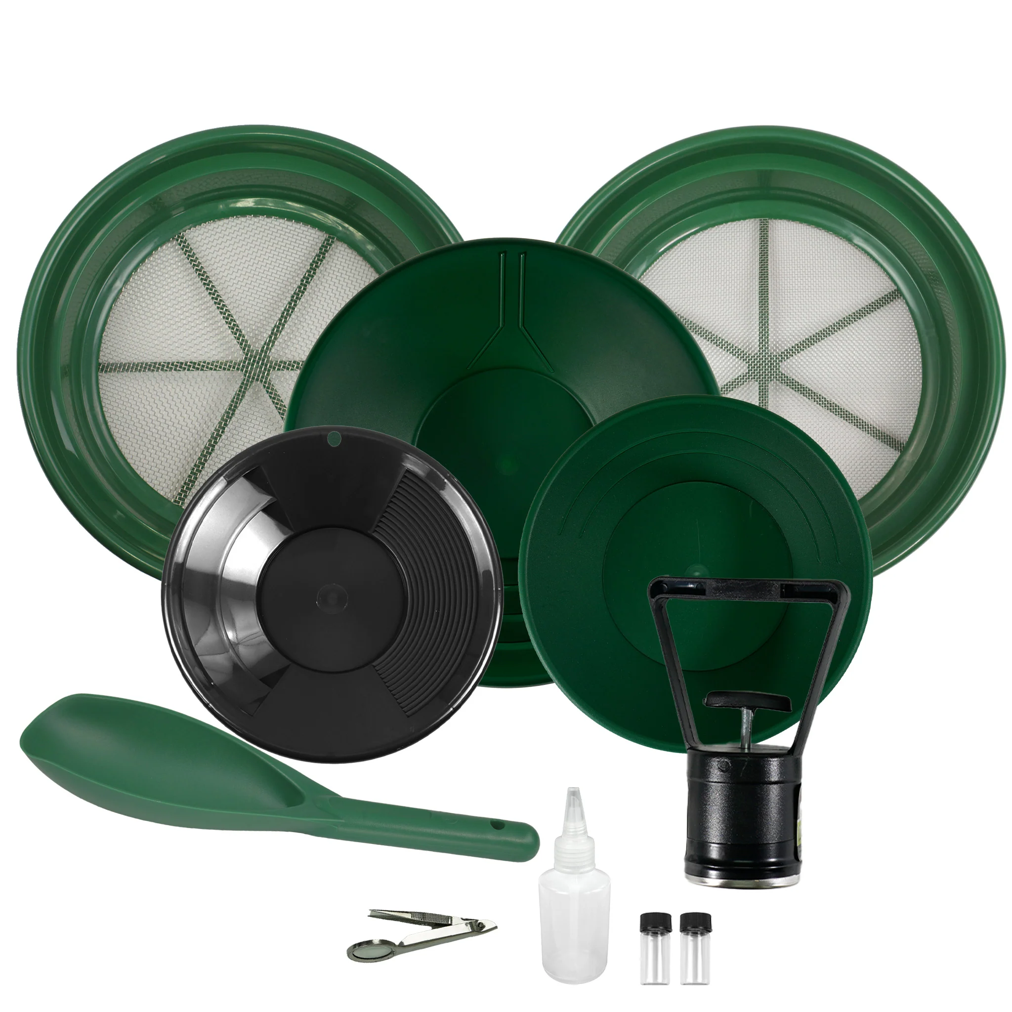 TerraX 11 Piece Gold Prospecting Kit - 1/8 & 1/2 Coarse Classifier Screen, Vials, Dual Riffle Gold Pans, Scoop, Sniffer Bottle, and Magnifying Tweezers - Image 1