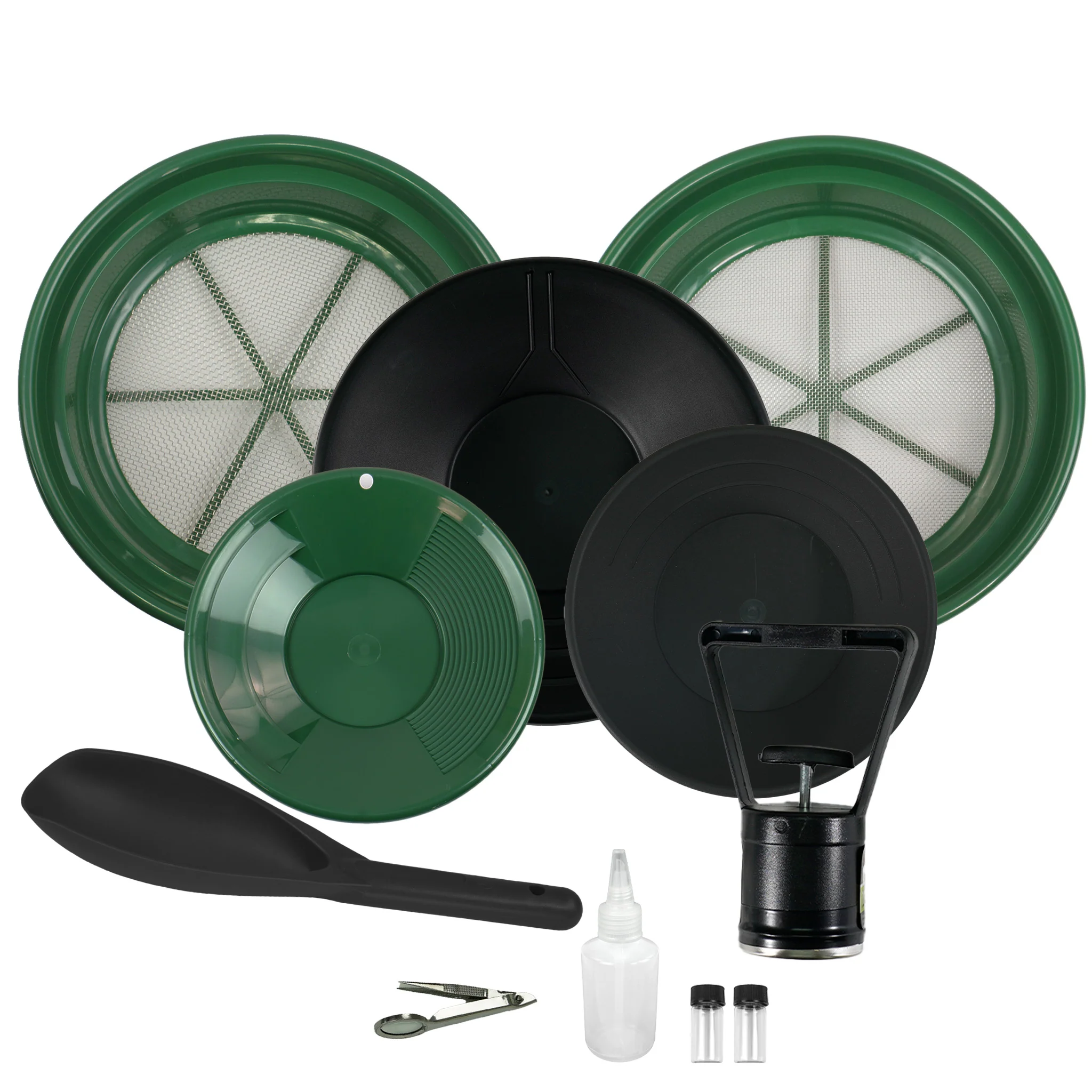 TerraX 11 Piece Gold Prospecting Kit - 1/8 & 1/2 Coarse Classifier Screen, Vials, Dual Riffle Gold Pans, Scoop, Sniffer Bottle, and Magnifying Tweezers - Image 2
