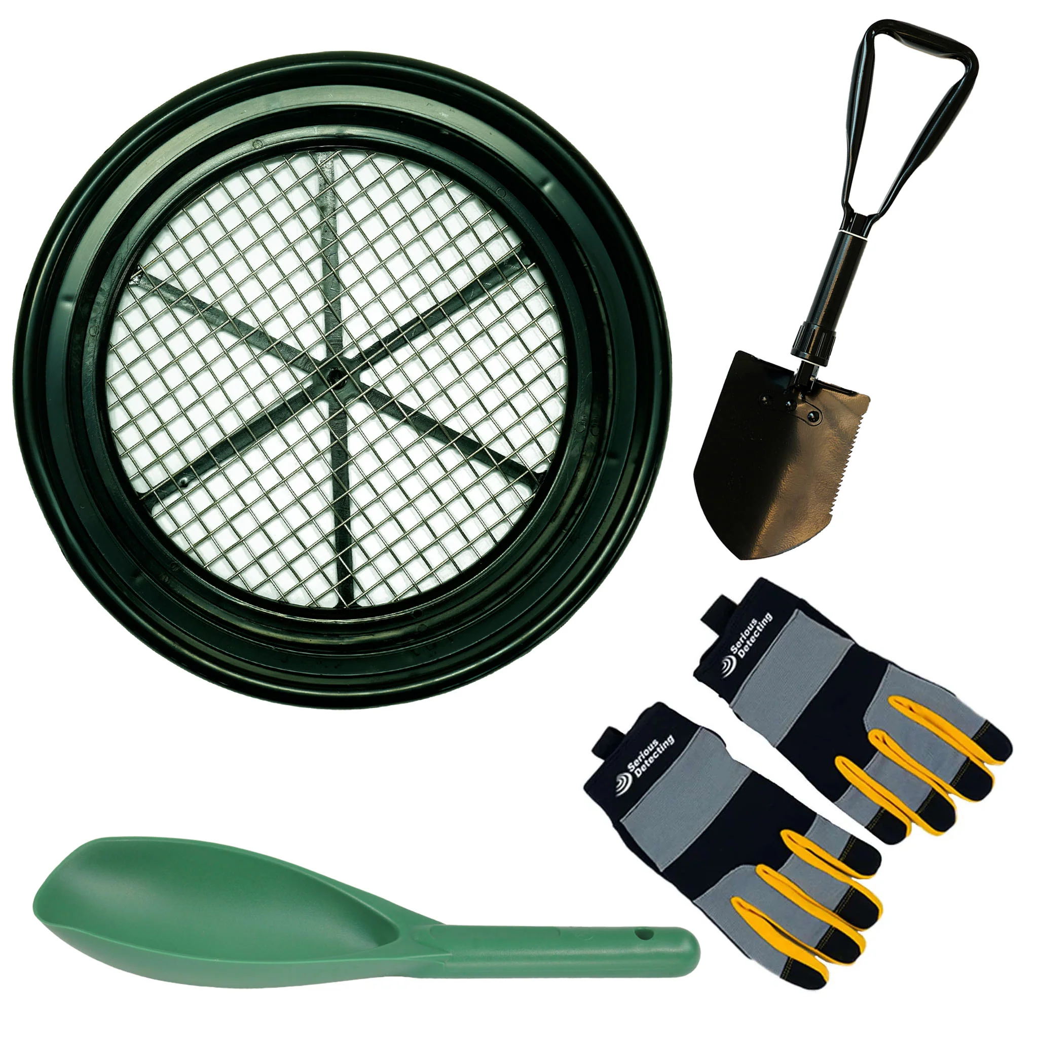TerraX Field Prospecting Set – Heavy-Duty Classifier, Premium Tri-Fold Serrated Shovel, Green Prospecting Scoop, and Serious Detecting Gloves - Image 1