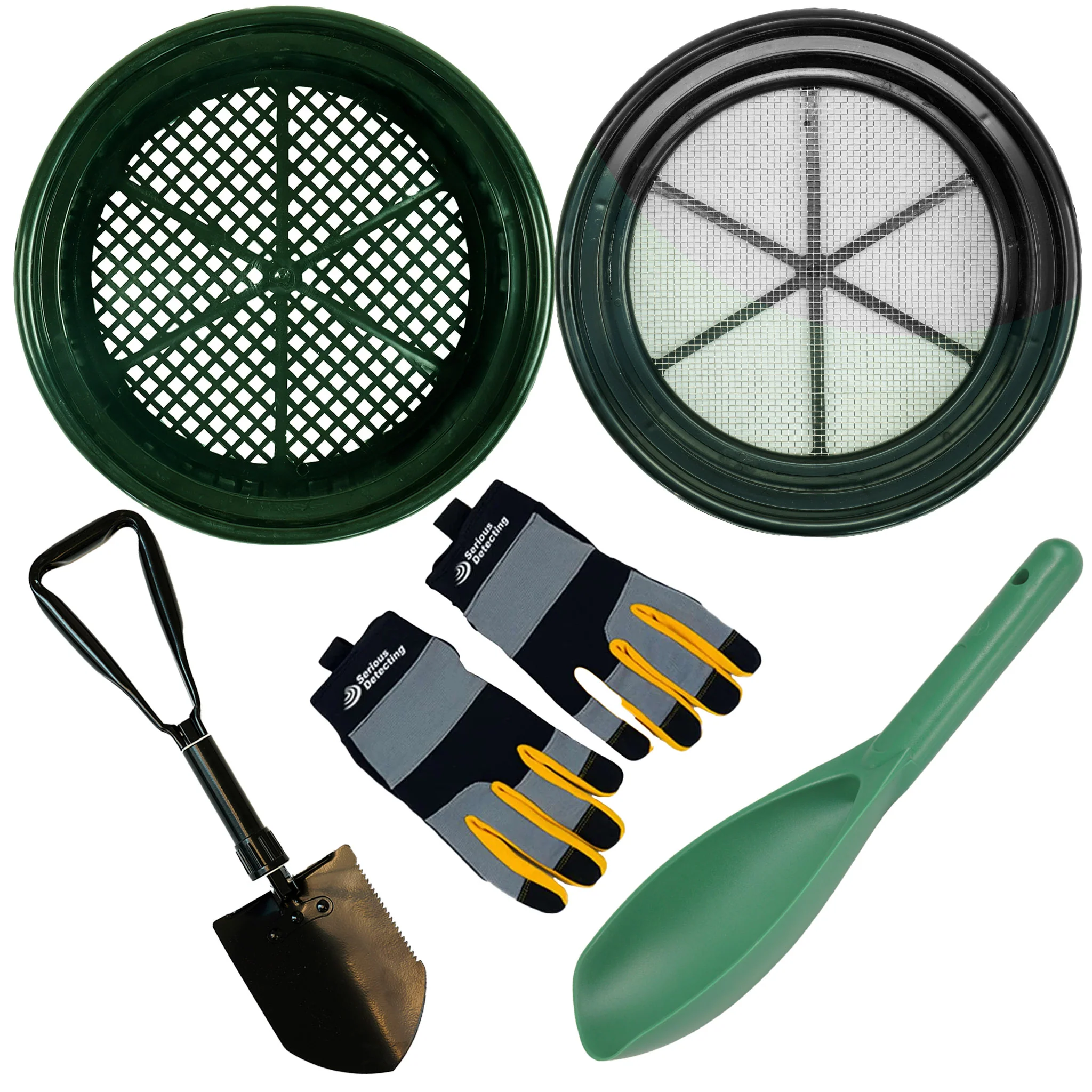 TerraX Field Prospecting Set – 2 Heavy-Duty Classifier, Premium Tri-Fold Serrated Shovel, Green Prospecting Scoop, and Serious Detecting Gloves - Image 1