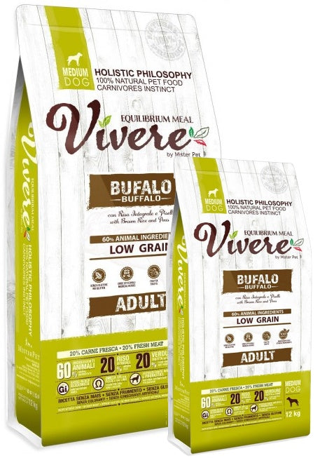 Vivere Dog Medium Adult Buffalo karma monobiałkowa – zestaw promocyjny 12+3 kg