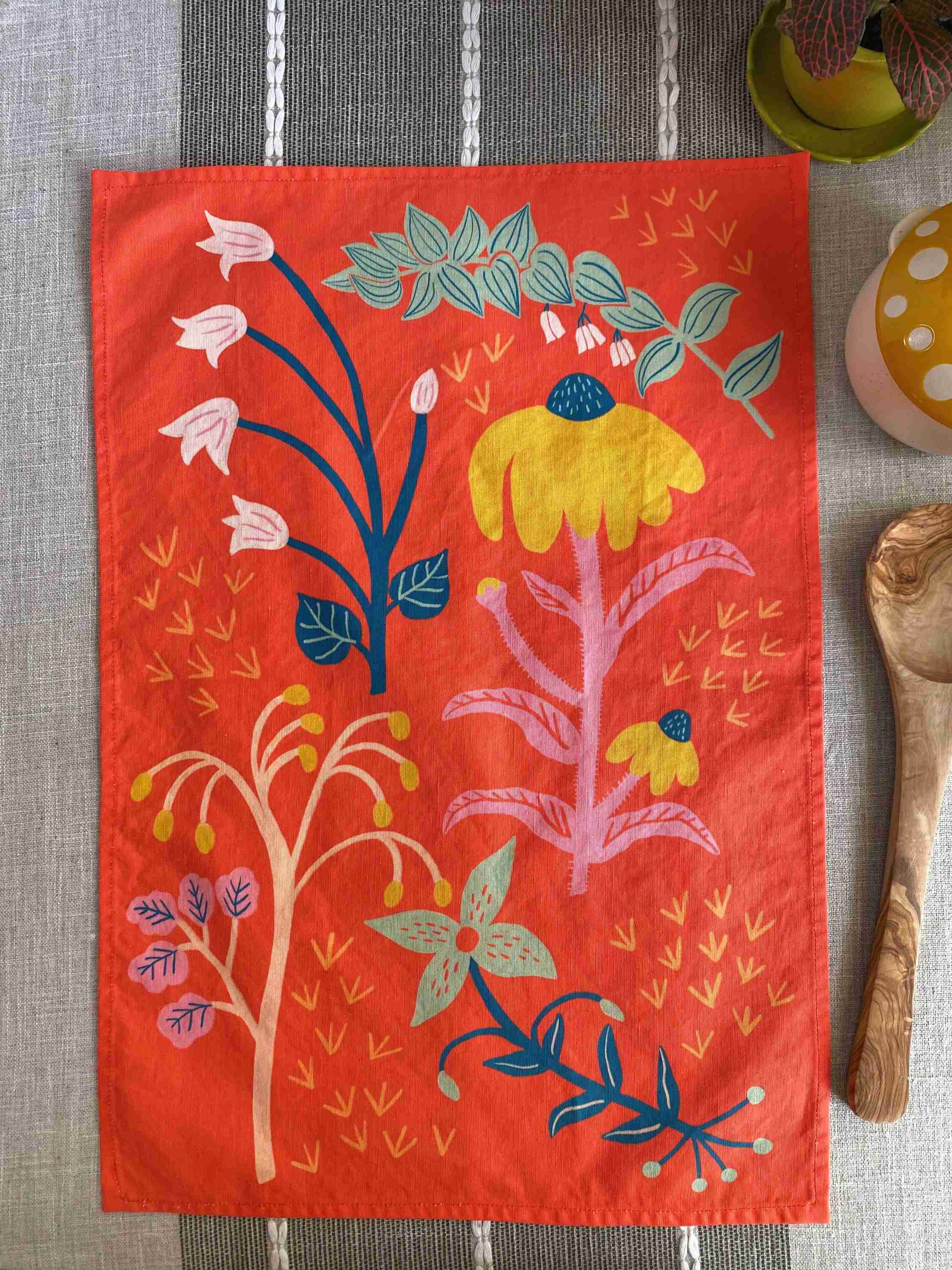 Coral Red Wildflowers Tea Towel - Image 1