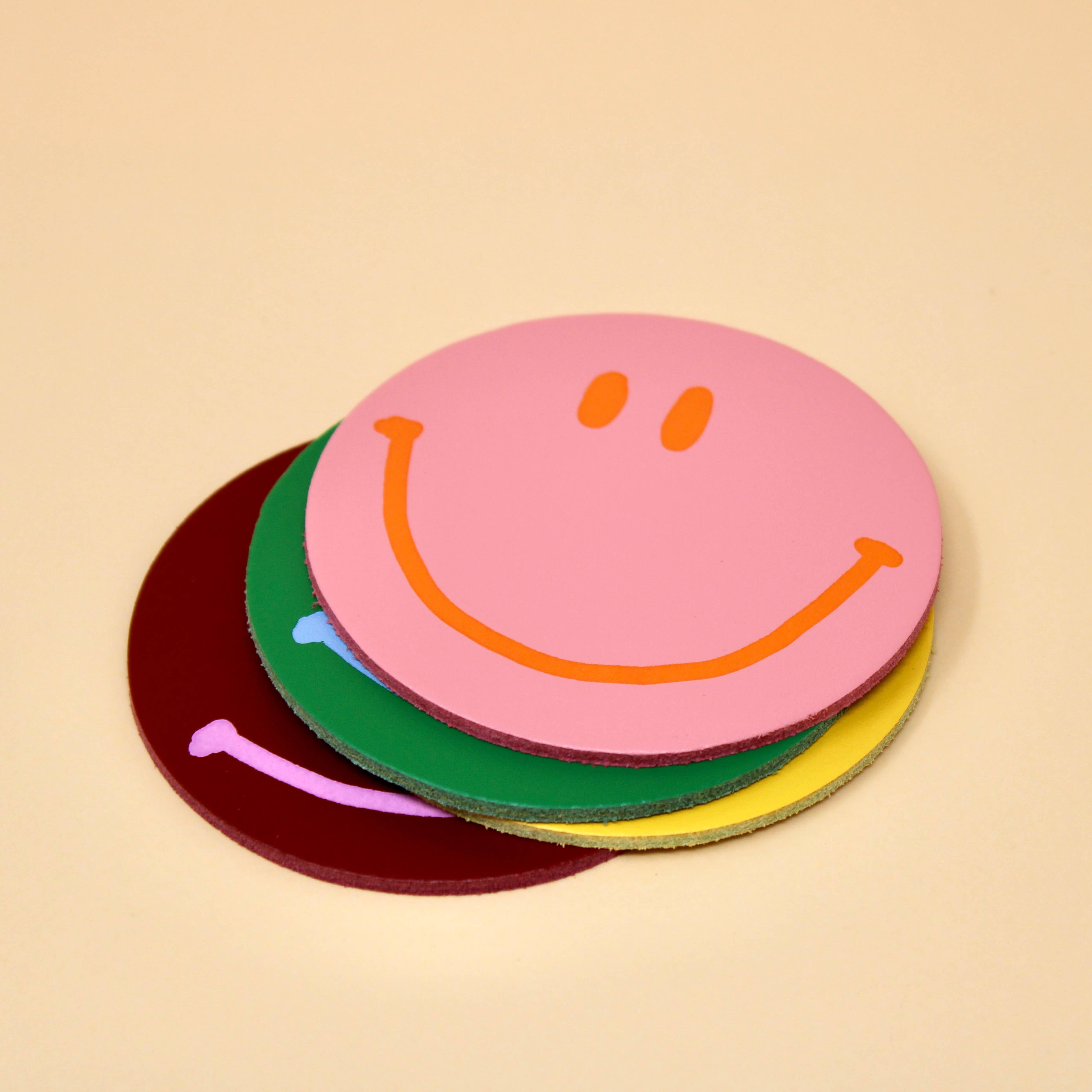 Happy Face Smilie Leather Coasters - Set of 4 - Image 3