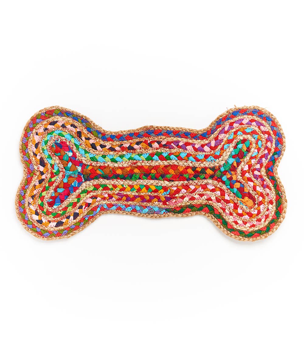 Chindi Rug Dog Bone Pet Food Mat - Hand Woven - Image 1