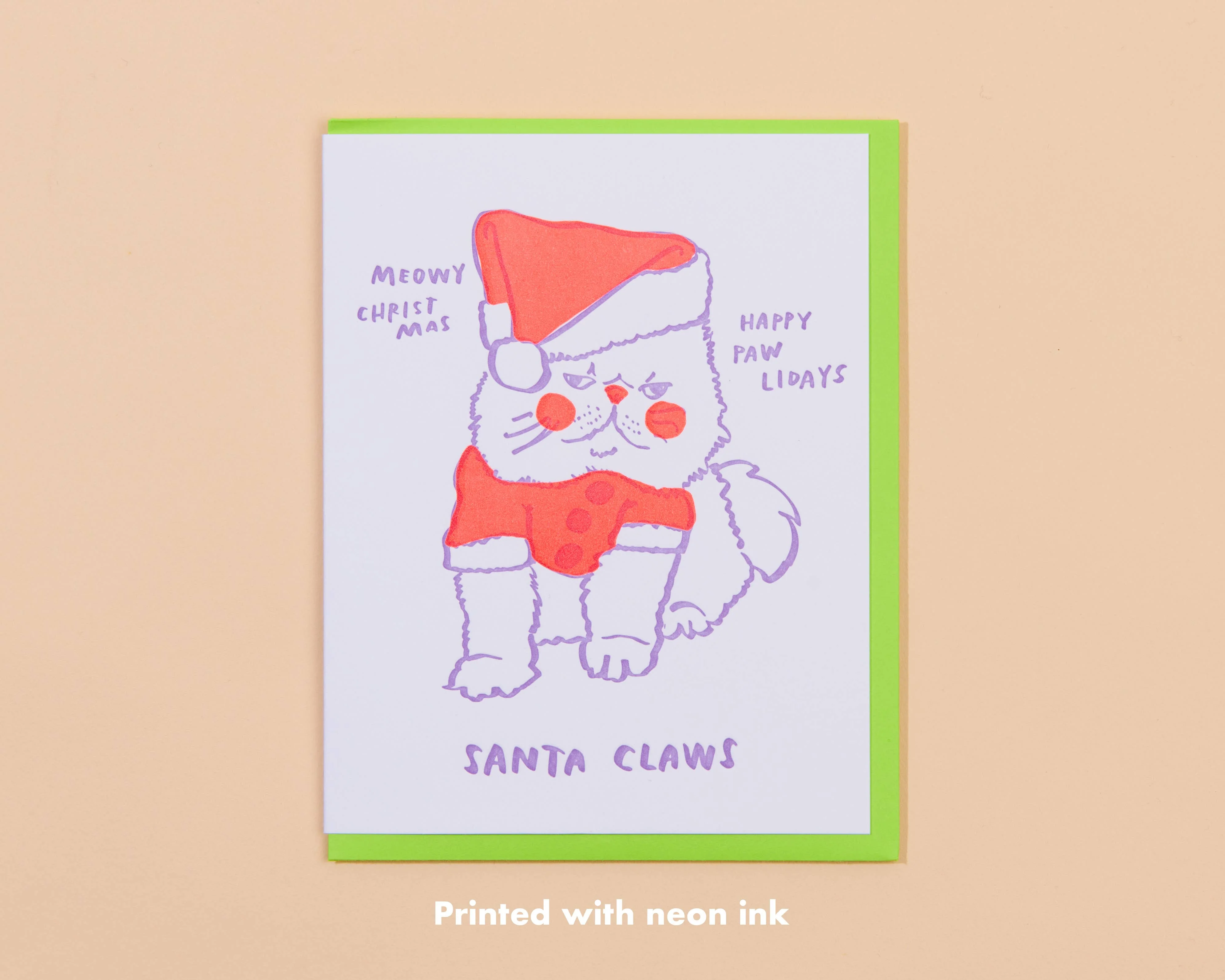 Santa Claws Christmas Cat Letterpress Greeting Card - Image 2