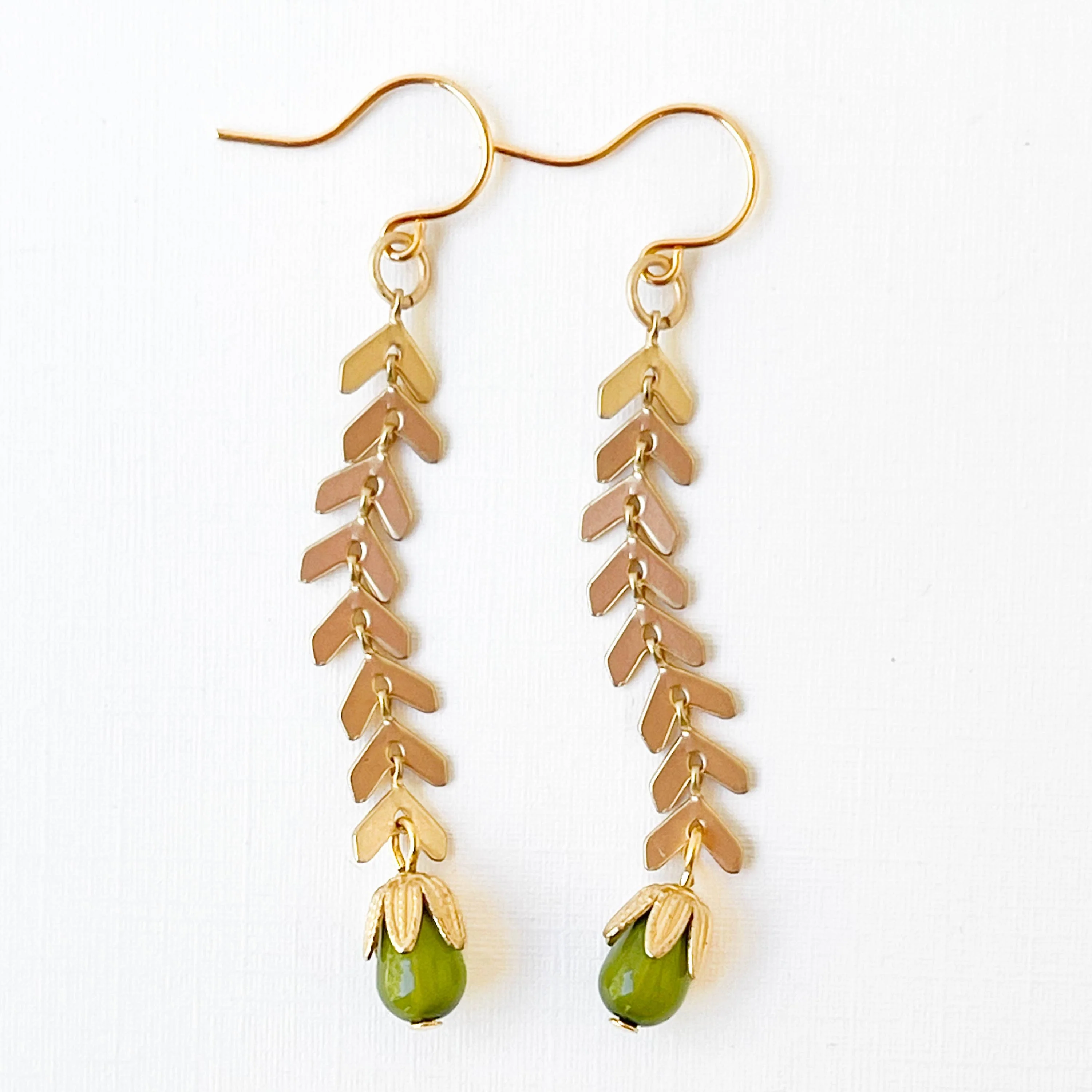 Long Gold Chevron and Green Bead Earrings - Image 2