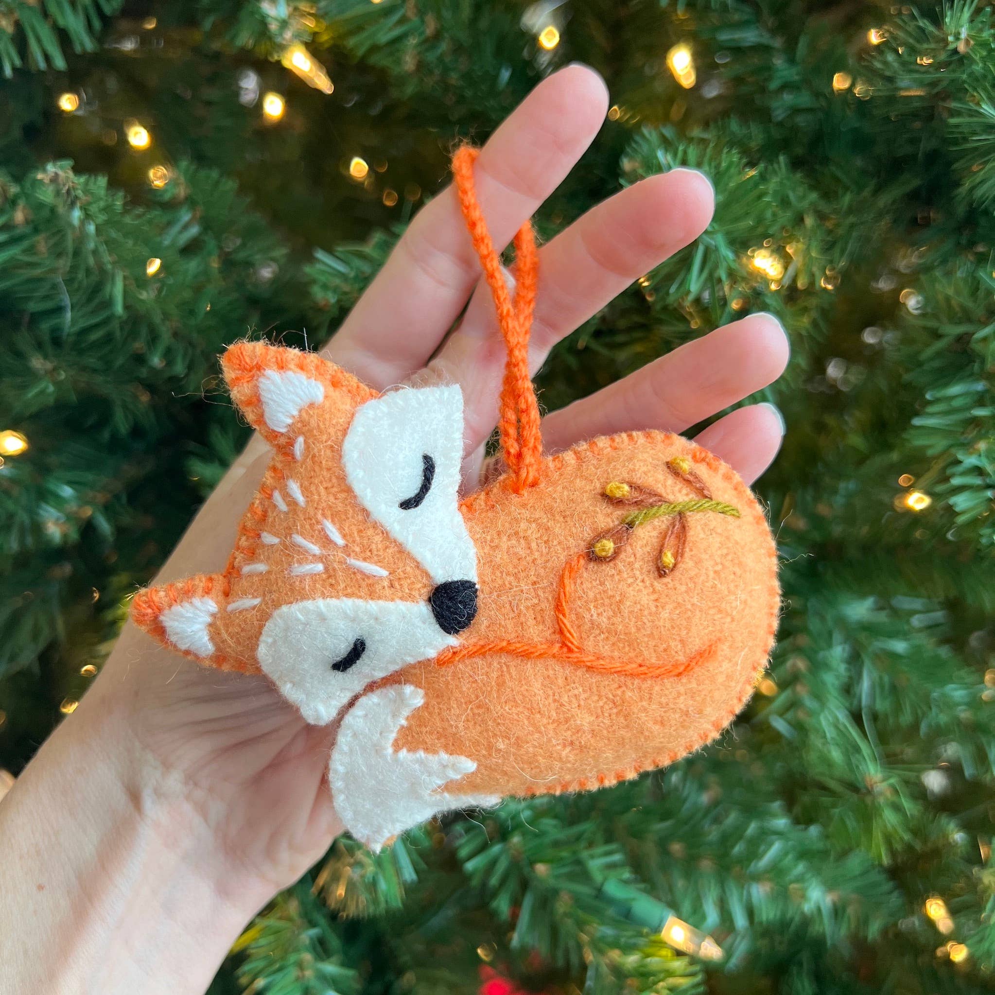 Sleeping Fox Embroidered Wool Christmas Ornament - Image 1