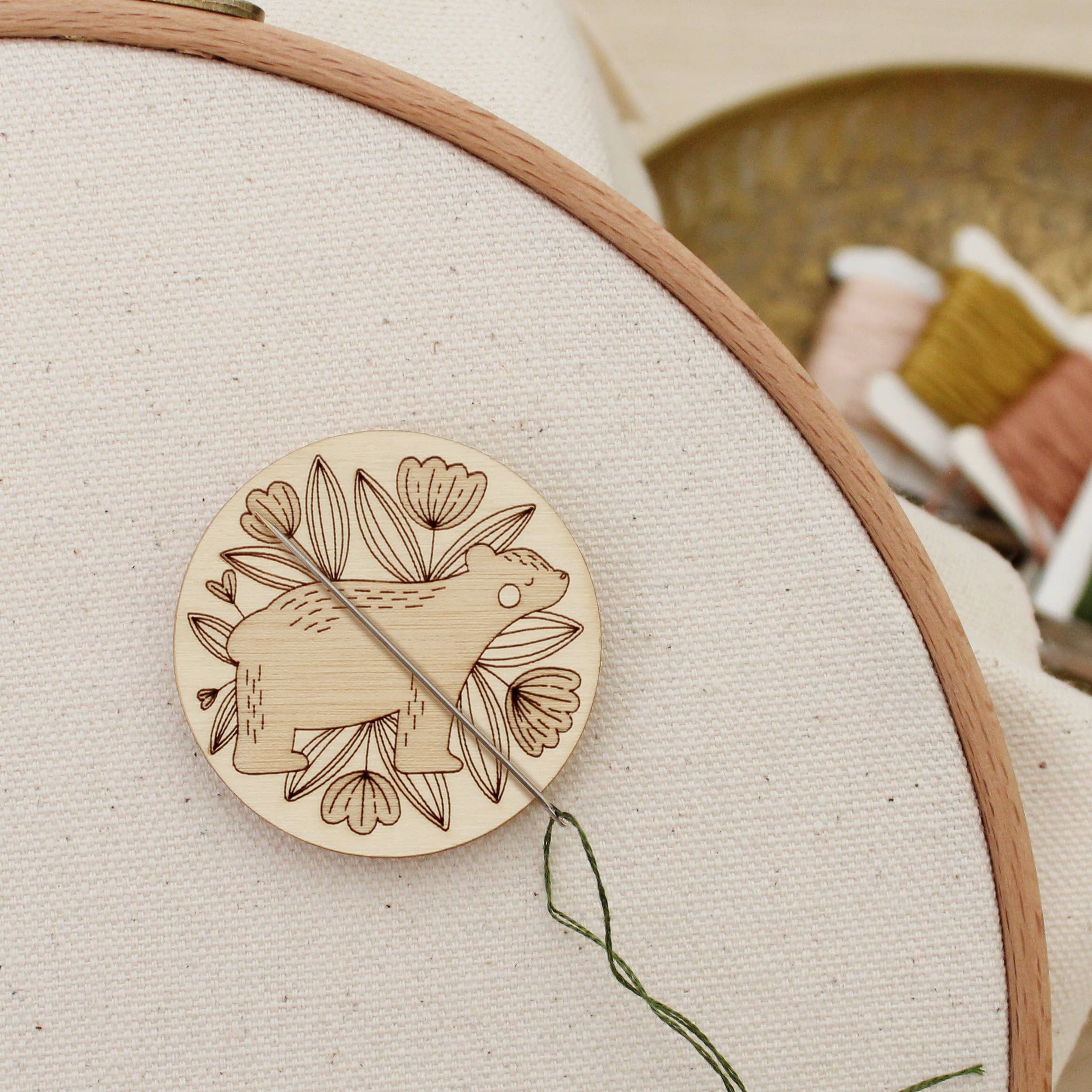 Wood Bear Needle Minder, Nature Themed Sewer