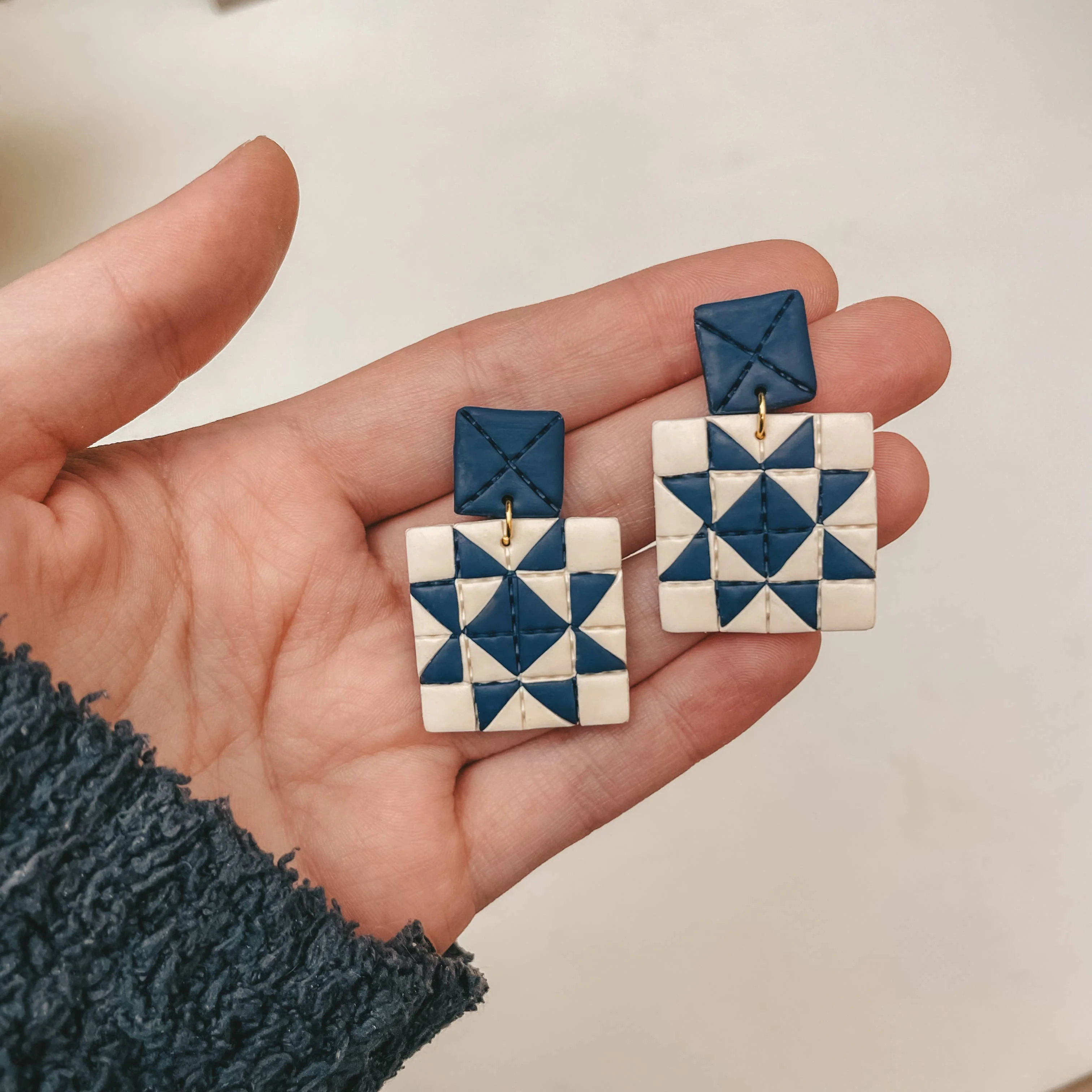 Quilted Style Stud Dangle Earrings | Navy Star - Image 1