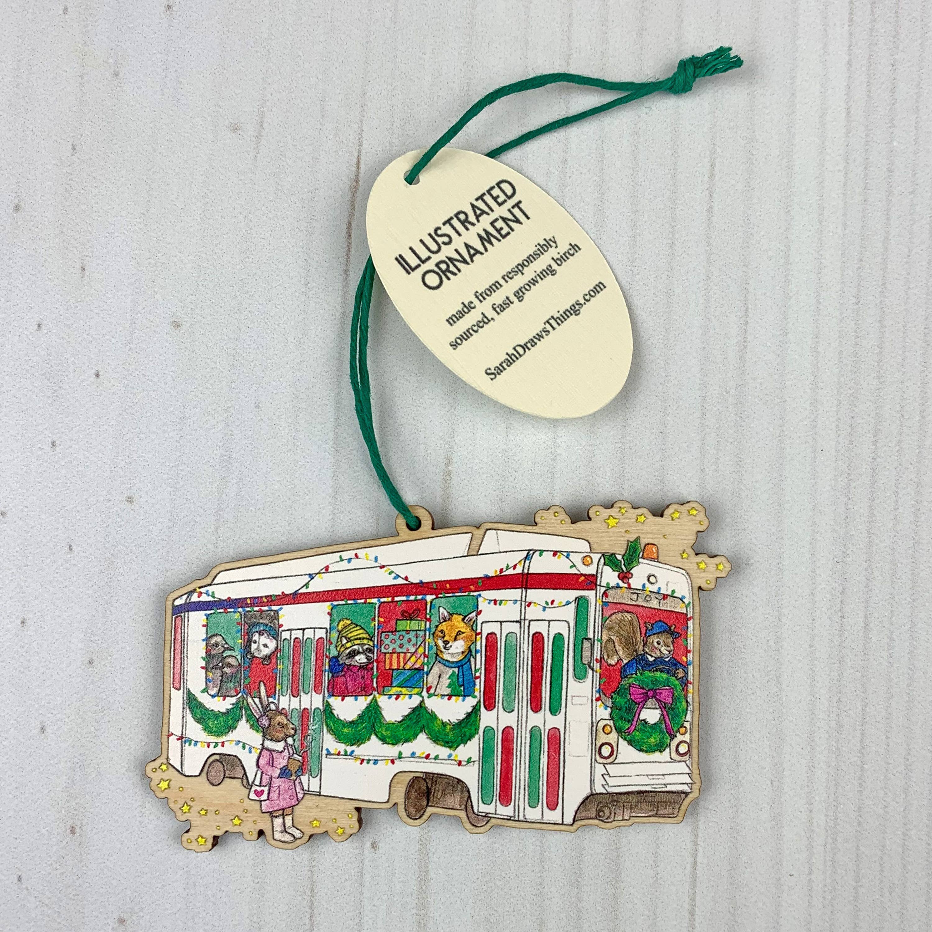 Jolly Trolley - 3.5" illustrated wooden tree ornament - Image 1