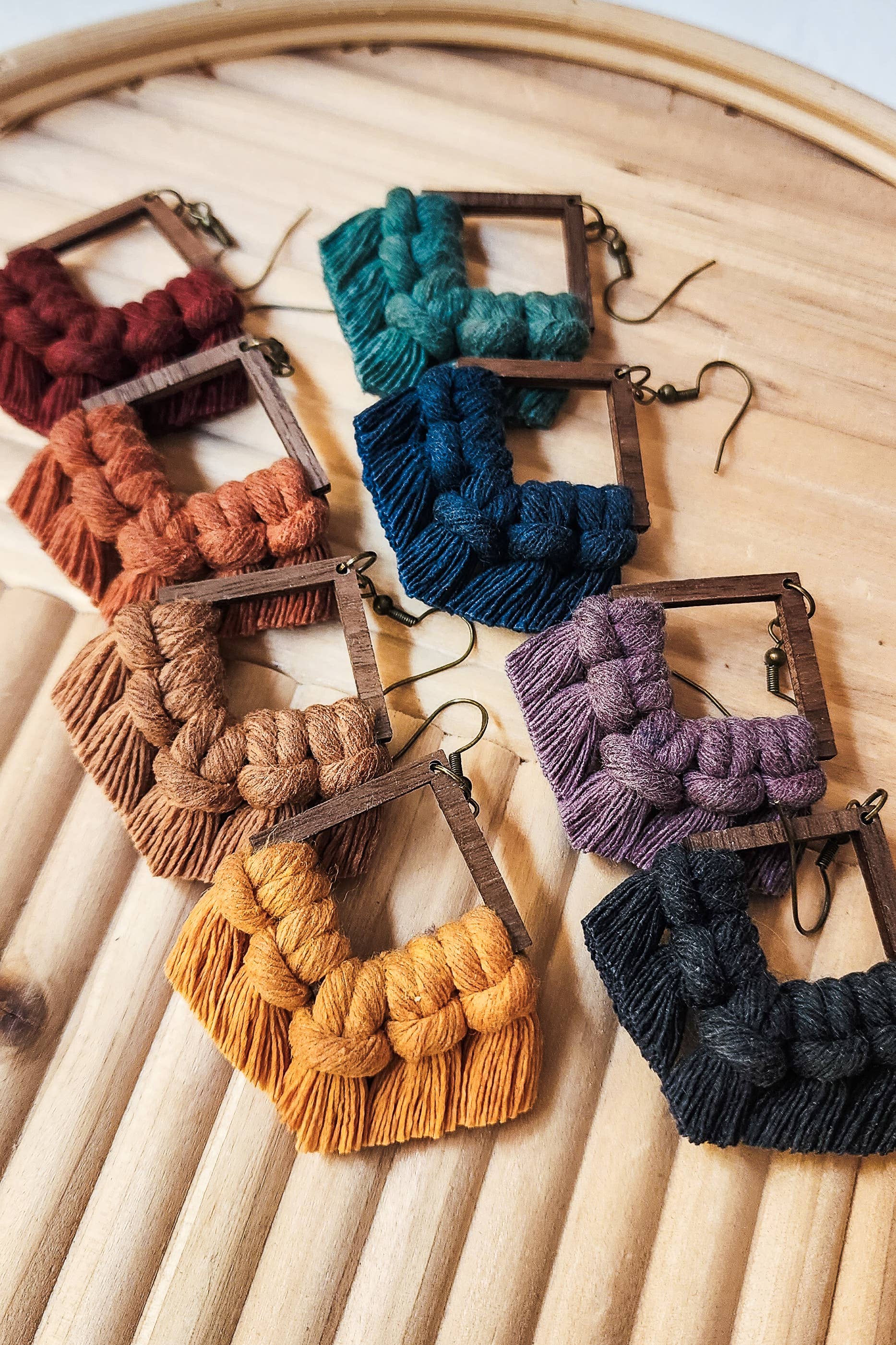 Macrame Fringe Earrings - Diamond - Fall Colors: Caramel - Image 1