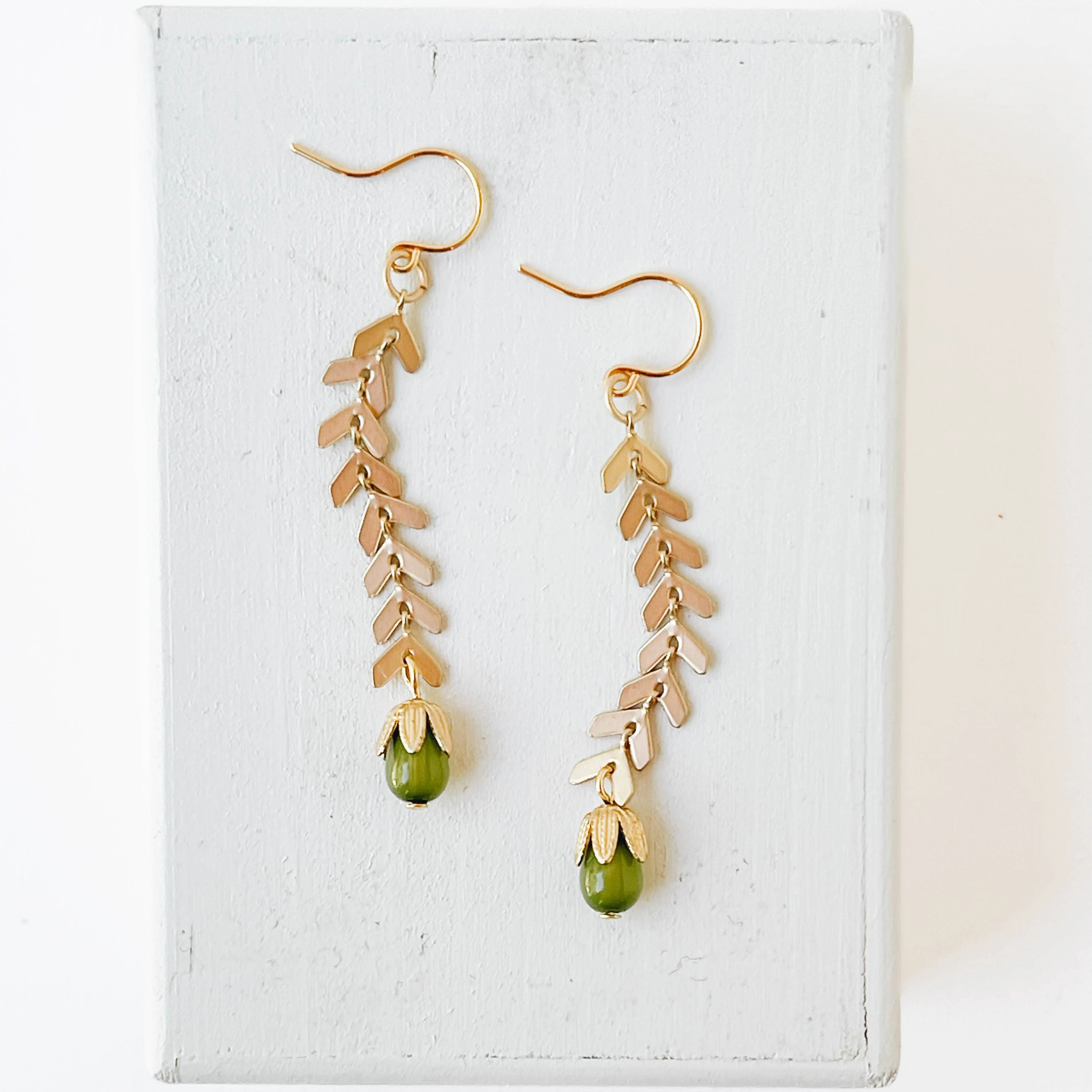 Long Gold Chevron and Green Bead Earrings - Image 3