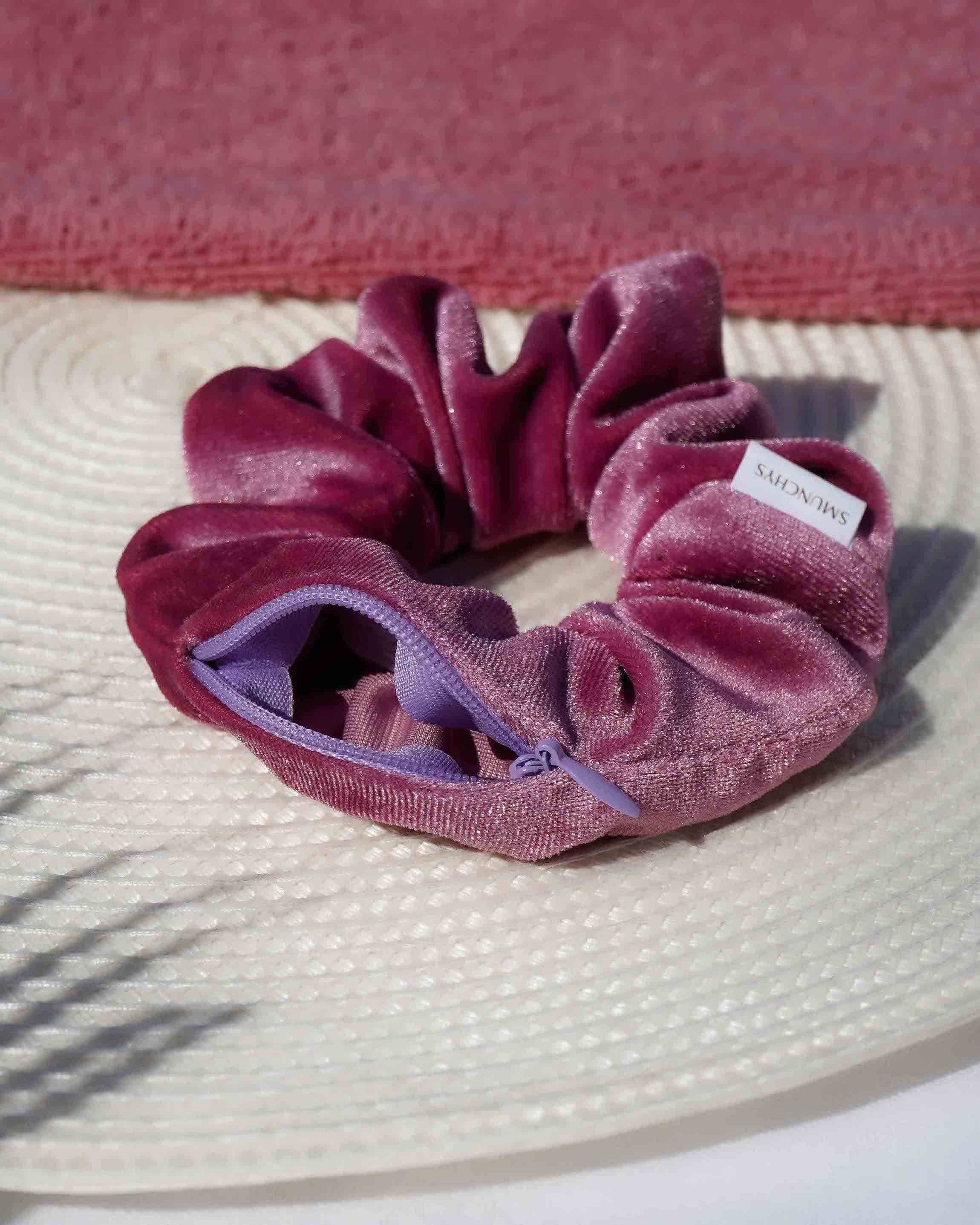 Velvet Deep Lavender Zipper Pocket Scrunchie - Image 3