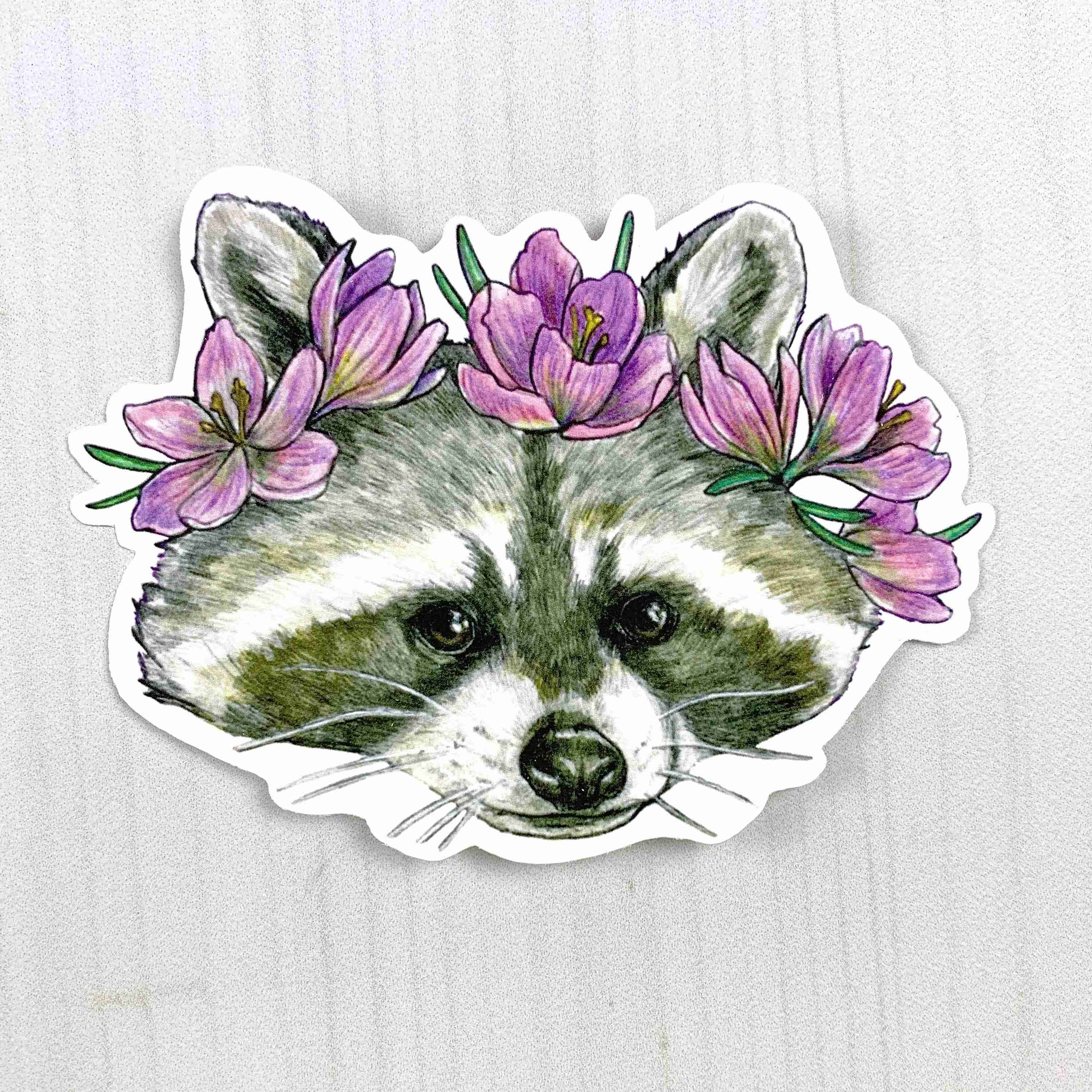 Raccoon with Floral Crown Vinyl Sticker - Image 1