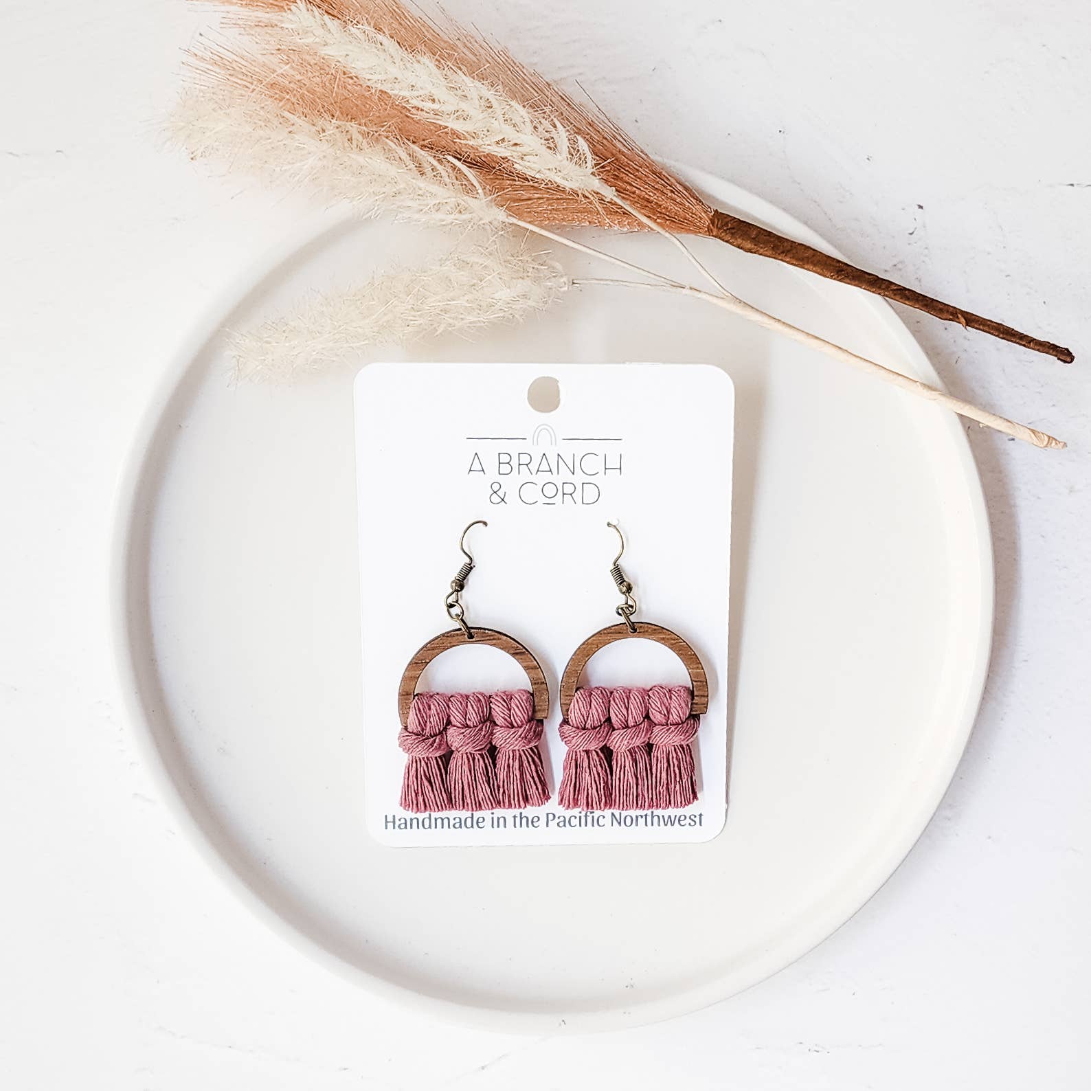 Macrame Fringe Earrings Semi Circle: Wild Rose - Image 1